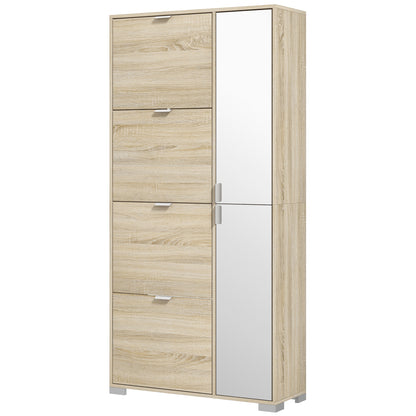 Shoe Cabinet with Mirror for 16 Pairs of Shoes, 4 Flip-up Drawers and 2 Compartments with Adjustable Shelf, 82x30x168cm, Oak