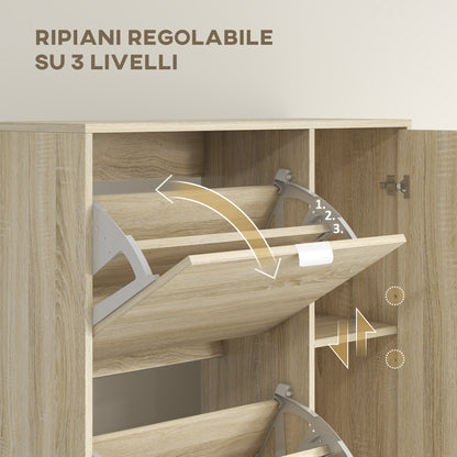 Shoe Cabinet with Mirror for 16 Pairs of Shoes, 4 Flip-up Drawers and 2 Compartments with Adjustable Shelf, 82x30x168cm, Oak