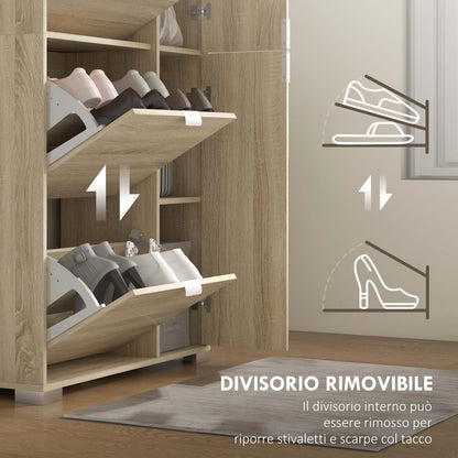 Shoe Cabinet with Mirror for 16 Pairs of Shoes, 4 Flip-up Drawers and 2 Compartments with Adjustable Shelf, 82x30x168cm, Oak