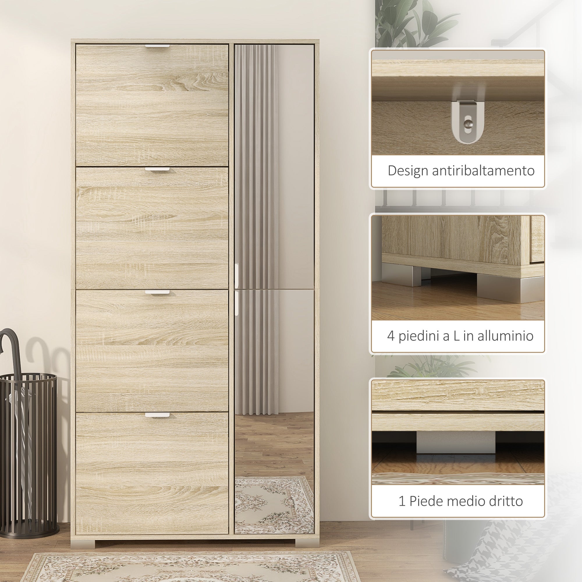 Shoe Cabinet with Mirror for 16 Pairs of Shoes, 4 Flip-up Drawers and 2 Compartments with Adjustable Shelf, 82x30x168cm, Oak