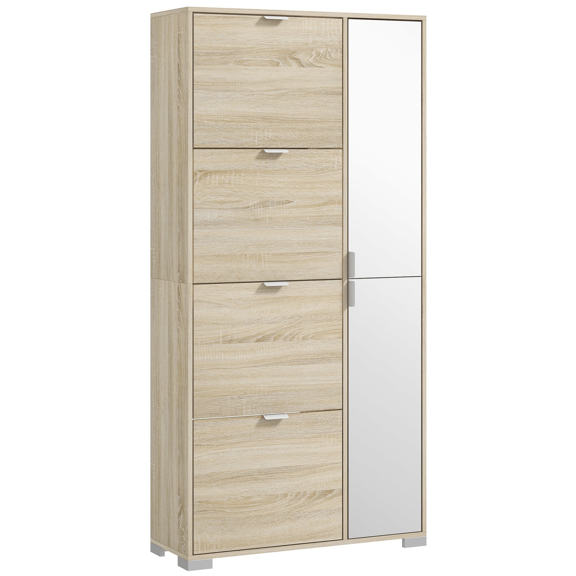 Shoe Cabinet with Mirror for 16 Pairs of Shoes, 4 Flip-up Drawers and 2 Compartments with Adjustable Shelf, 82x30x168cm, Oak