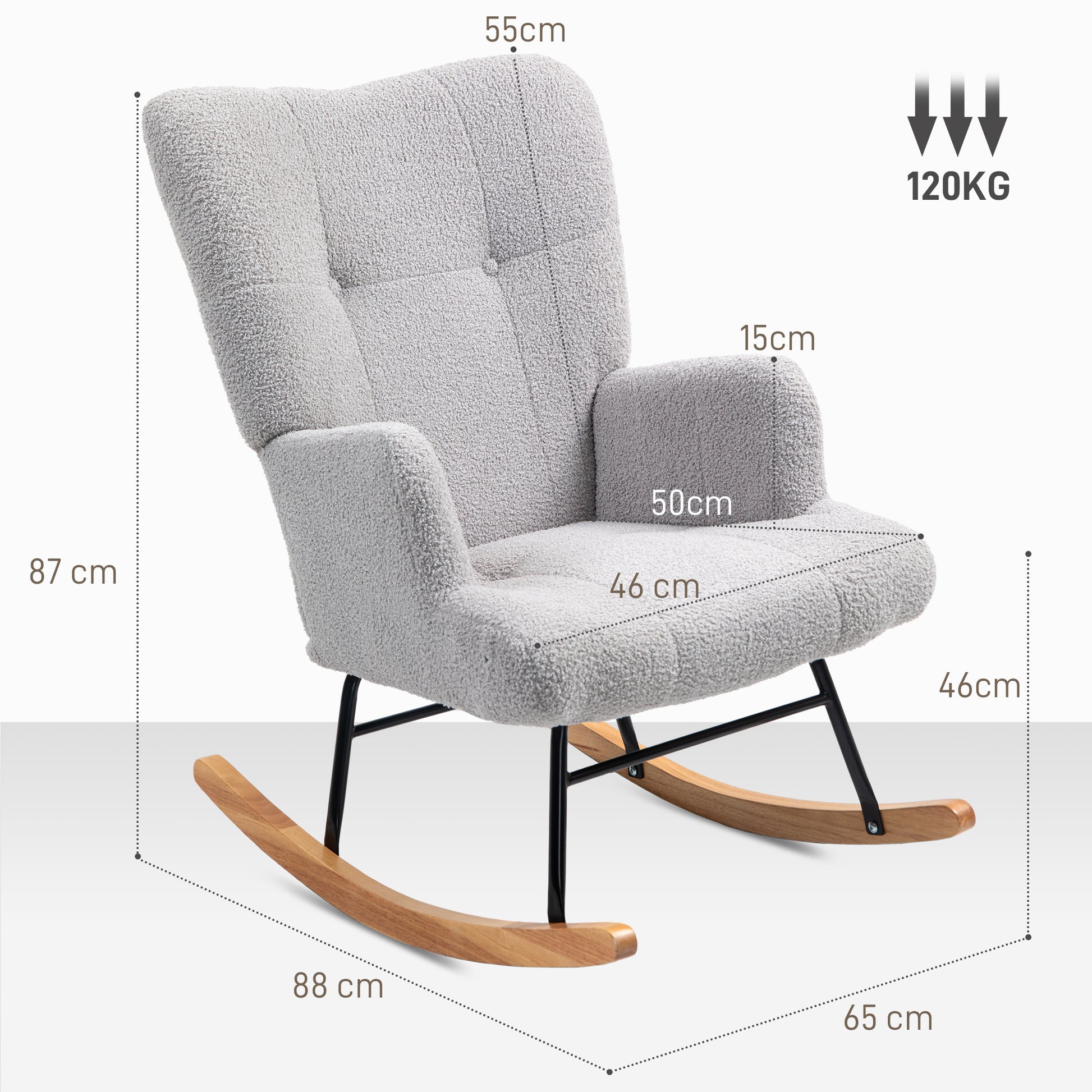 Sherpa Rocking Chair Nursing Rocker with Tufted Backrest and Rubber Wood Base 120 kg Load Relax Armchair for Living Room Bedroom Light Grey