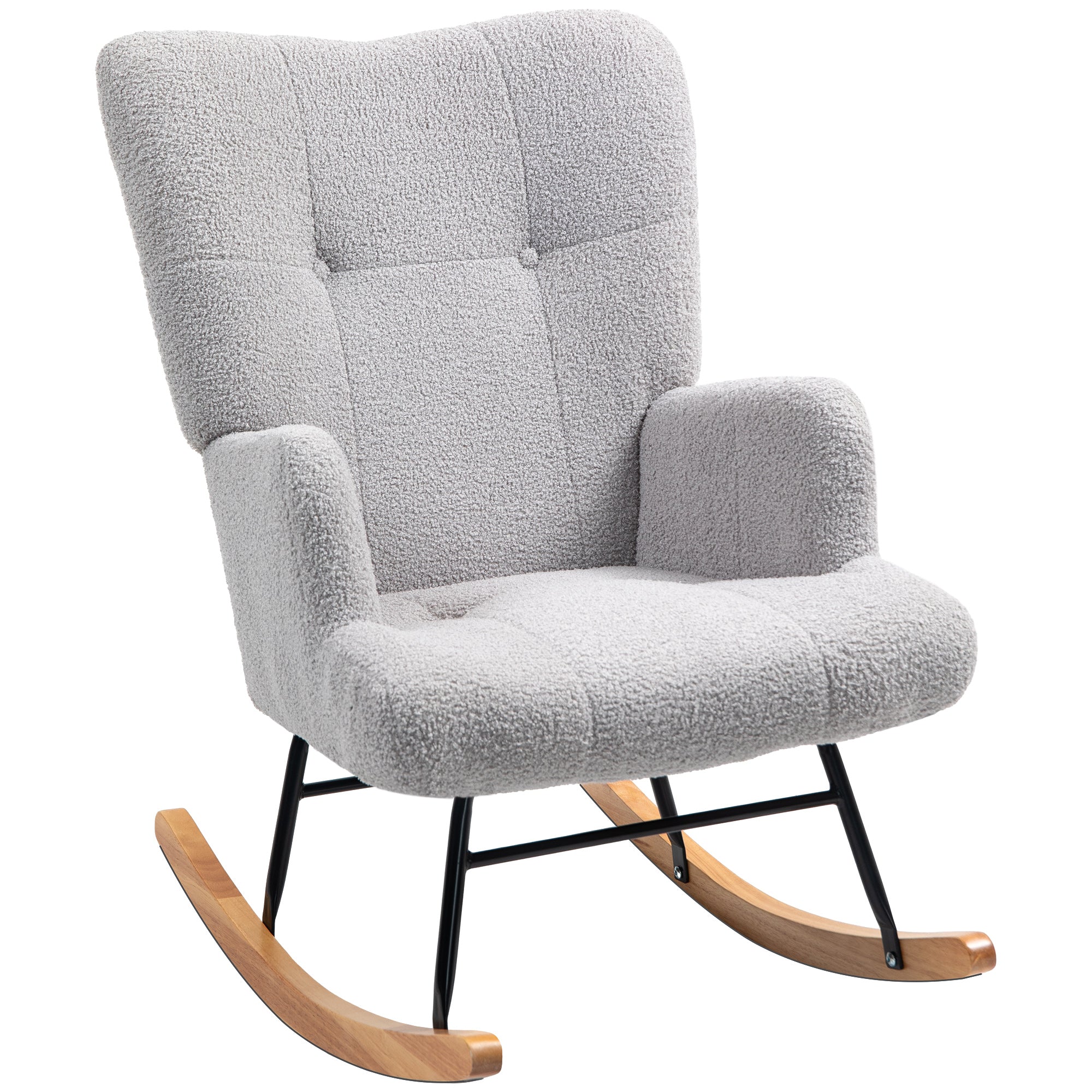 Sherpa Rocking Chair Nursing Rocker with Tufted Backrest and Rubber Wood Base 120 kg Load Relax Armchair for Living Room Bedroom Light Grey