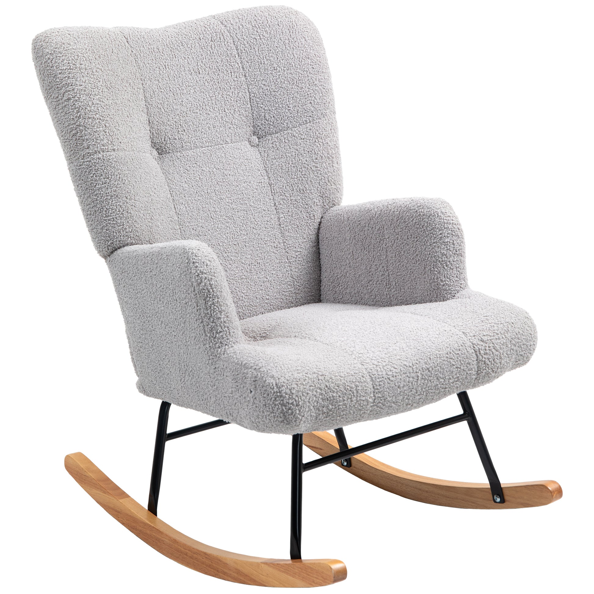 Sherpa Rocking Chair Nursing Rocker with Tufted Backrest and Rubber Wood Base 120 kg Load Relax Armchair for Living Room Bedroom Light Grey