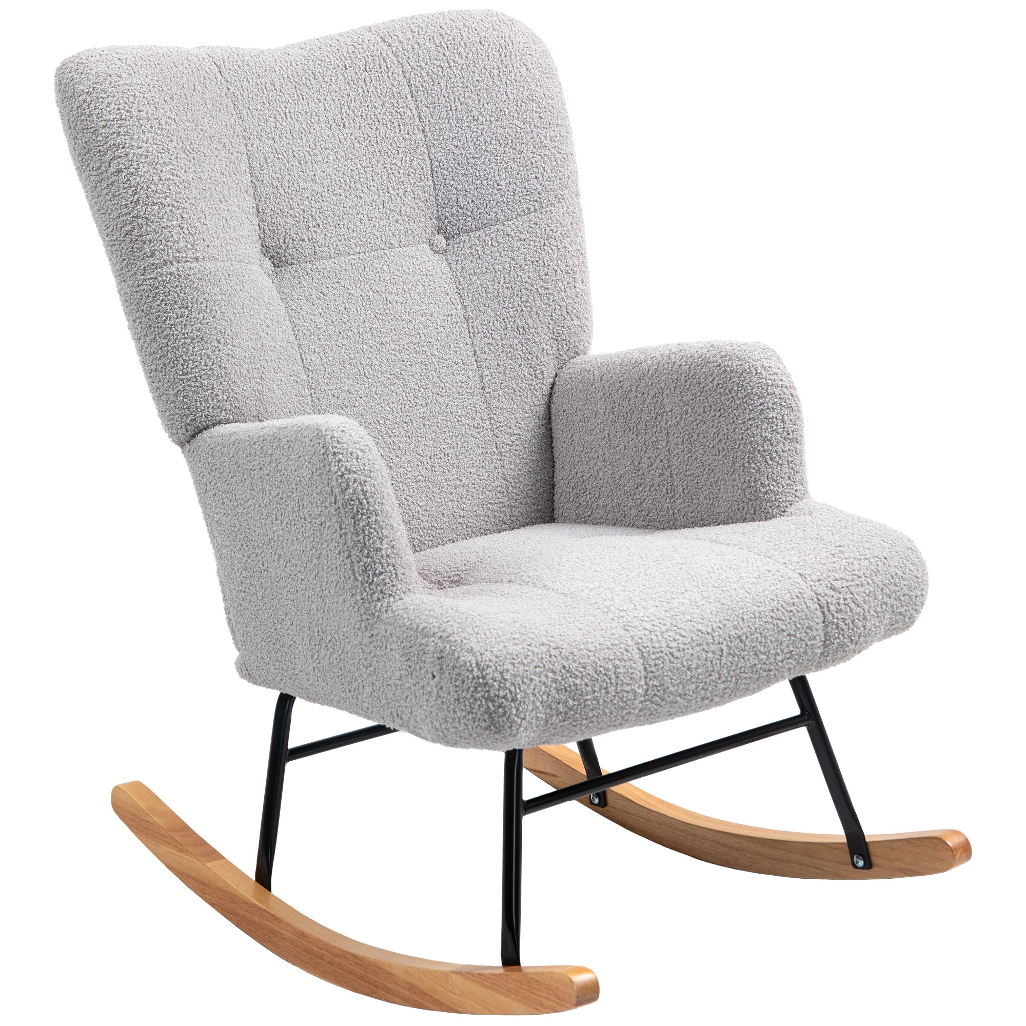 Sherpa Rocking Chair Nursing Rocker with Tufted Backrest and Rubber Wood Base 120 kg Load Relax Armchair for Living Room Bedroom Light Grey