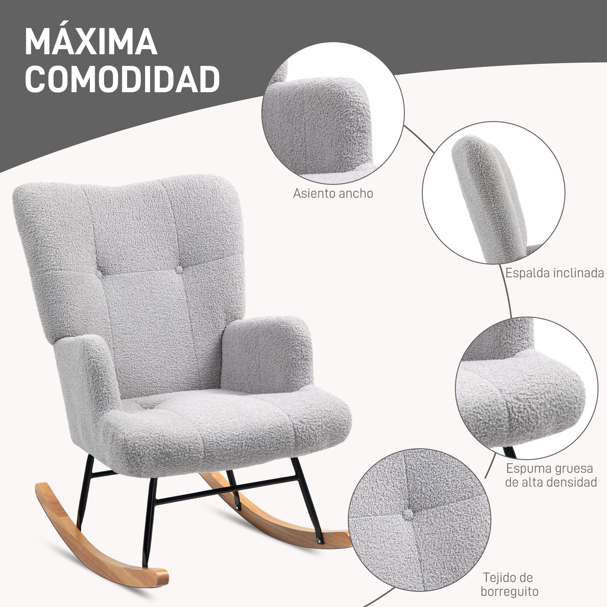 Sherpa Rocking Chair Nursing Rocker with Tufted Backrest and Rubber Wood Base 120 kg Load Relax Armchair for Living Room Bedroom Light Grey