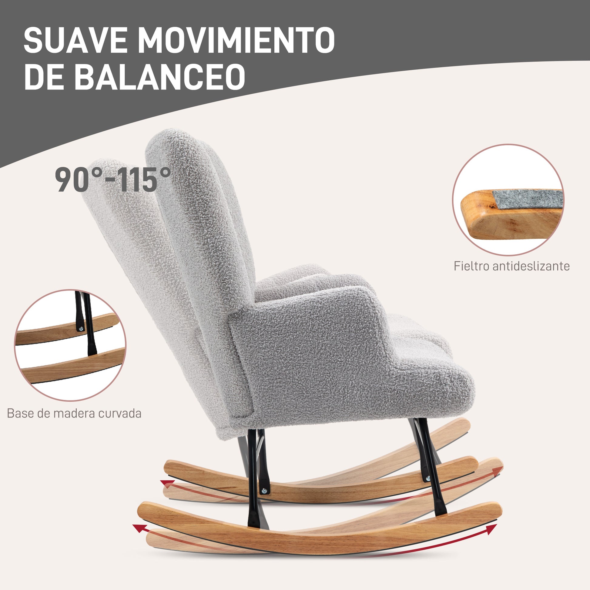 Sherpa Rocking Chair Nursing Rocker with Tufted Backrest and Rubber Wood Base 120 kg Load Relax Armchair for Living Room Bedroom Light Grey