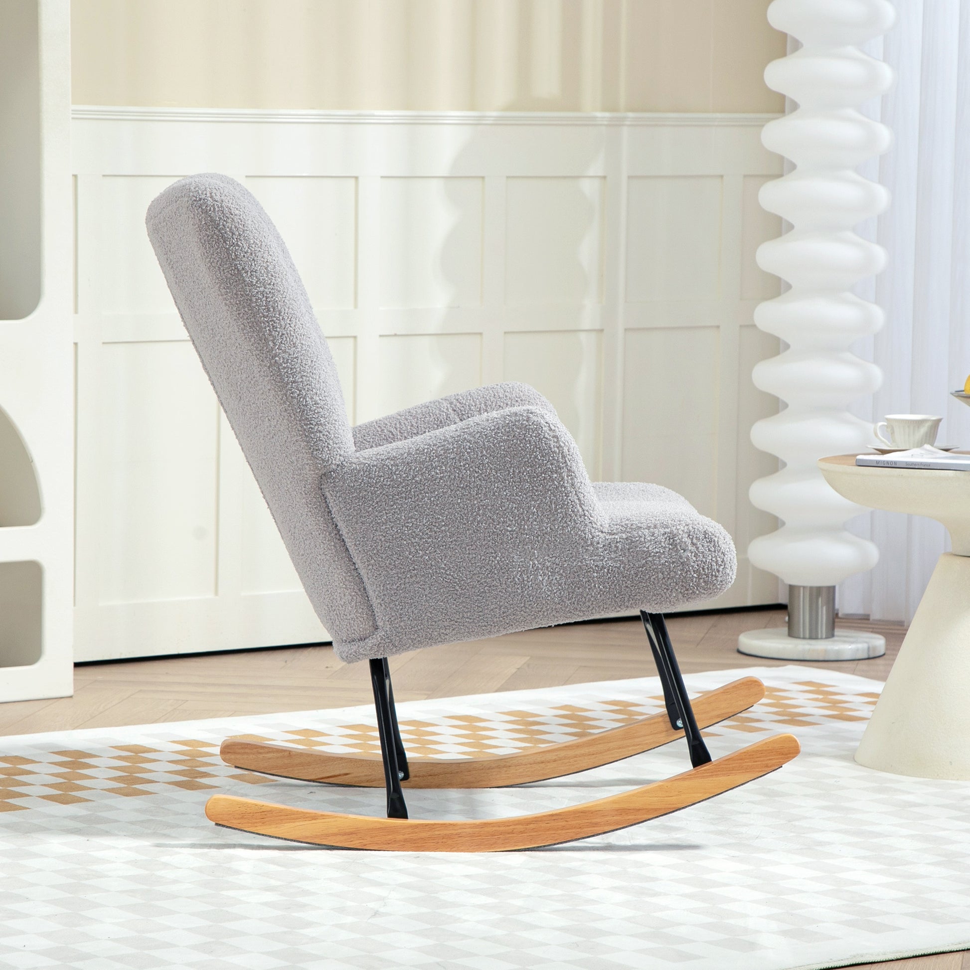 Sherpa Rocking Chair Nursing Rocker with Tufted Backrest and Rubber Wood Base 120 kg Load Relax Armchair for Living Room Bedroom Light Grey