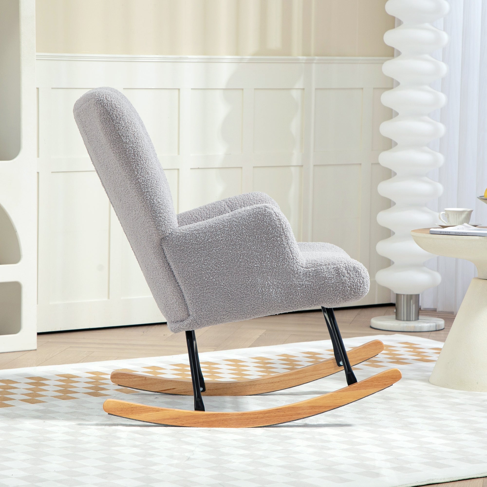 Sherpa Rocking Chair Nursing Rocker with Tufted Backrest and Rubber Wood Base 120 kg Load Relax Armchair for Living Room Bedroom Light Grey