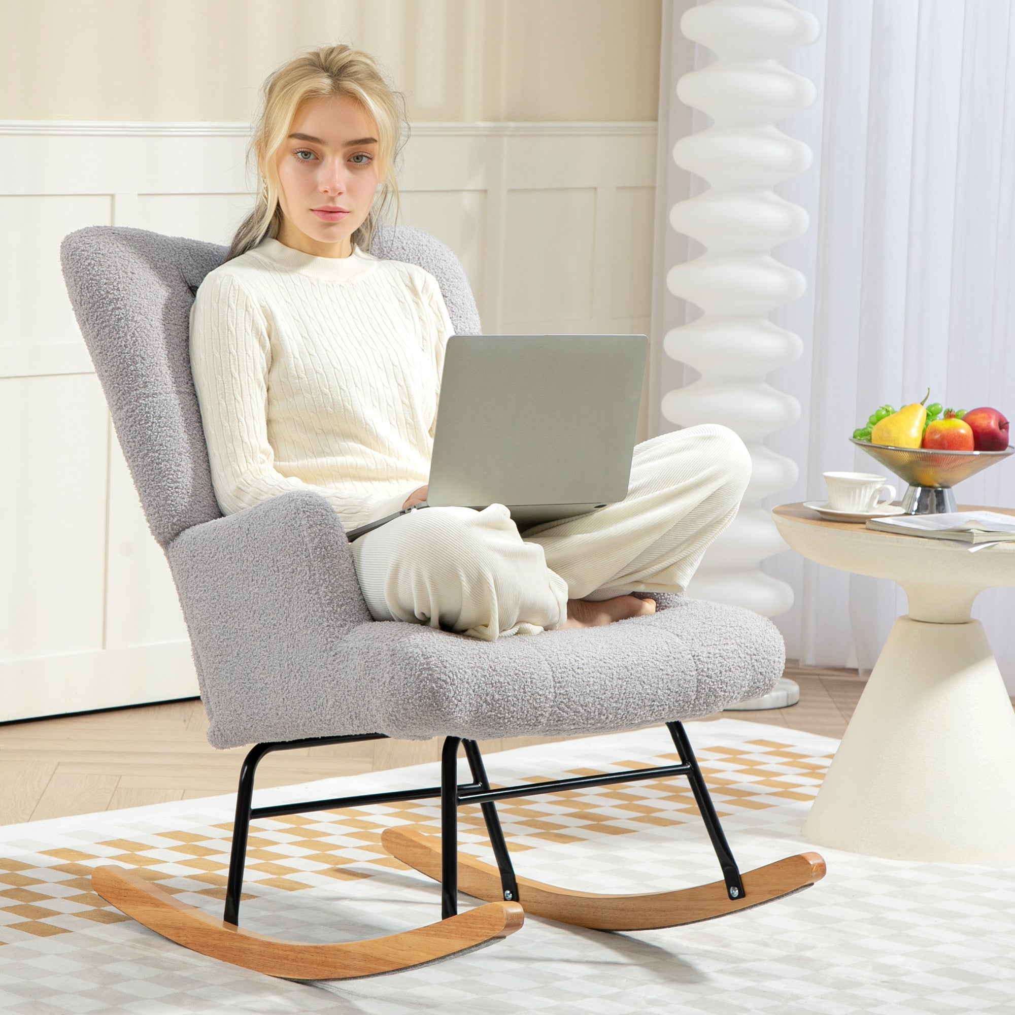 Sherpa Rocking Chair Nursing Rocker with Tufted Backrest and Rubber Wood Base 120 kg Load Relax Armchair for Living Room Bedroom Light Grey
