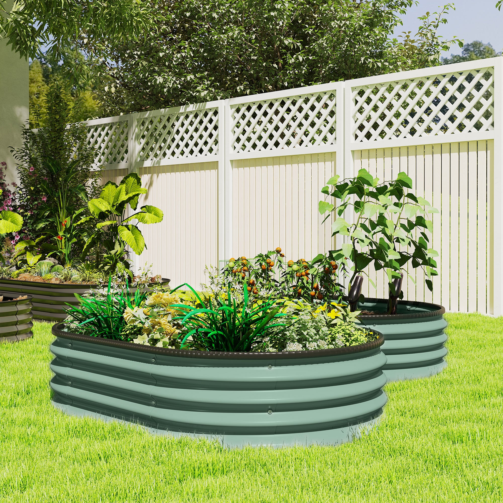 Set of 2 Galvanized Steel Raised Garden Beds, Modular Outdoor Planter, 135 x 90 x 30 cm (53.1 x 35.4 x 11.8 in), Green