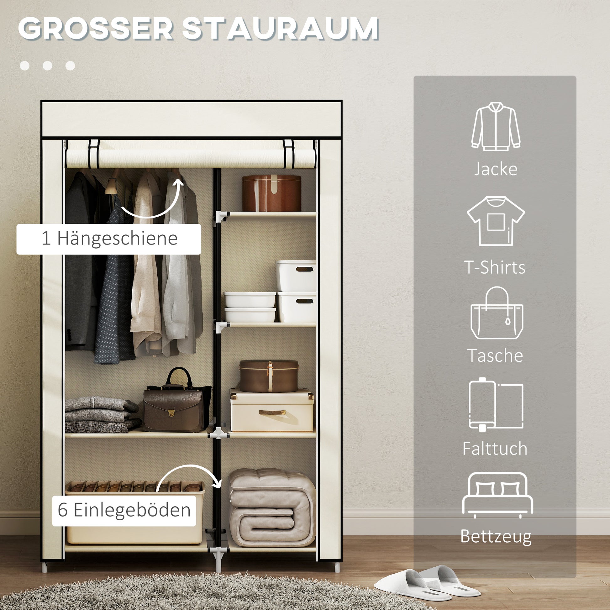 Wardrobe Fabric Wardrobe with 6 Shelves, Clothes Rail, Zipper Folding Cabinet for Dressing Room Bedroom, 103 x 43 x 162.5 cm, Cream