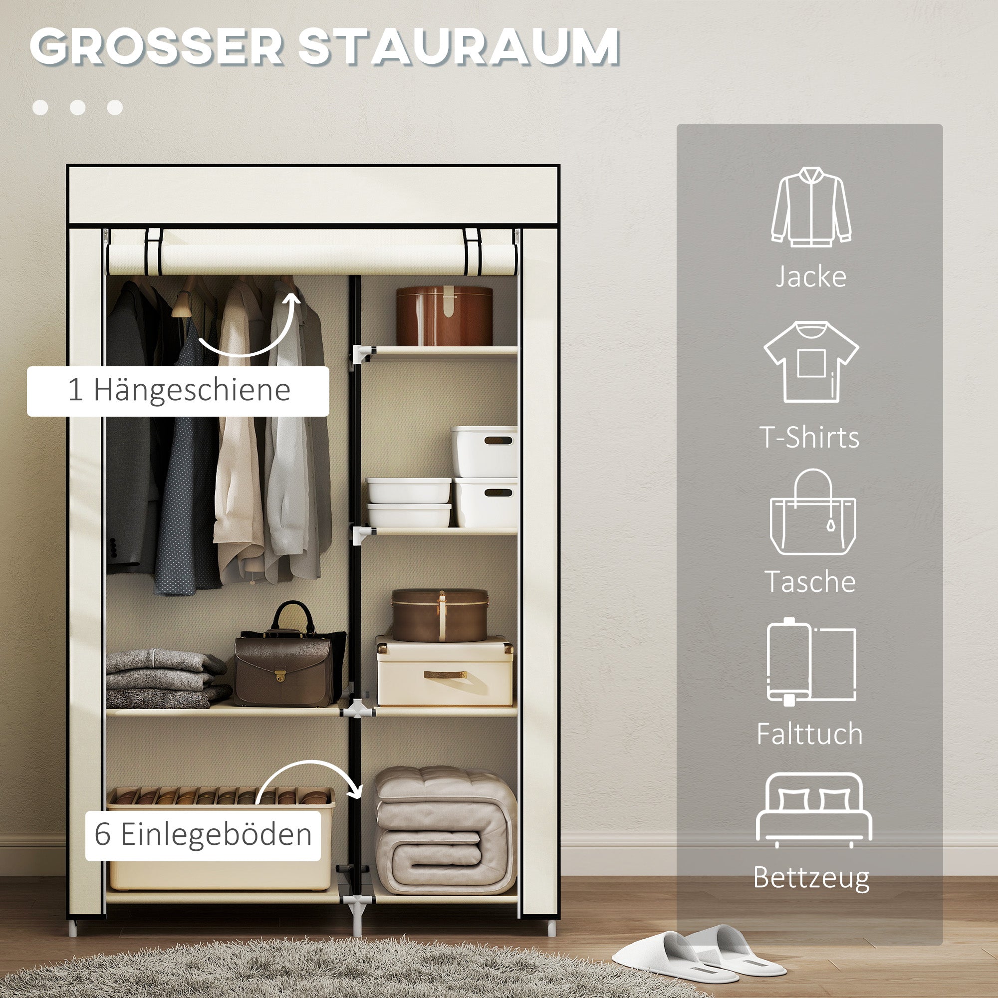 Wardrobe Fabric Wardrobe with 6 Shelves, Clothes Rail, Zipper Folding Cabinet for Dressing Room Bedroom, 103 x 43 x 162.5 cm, Cream