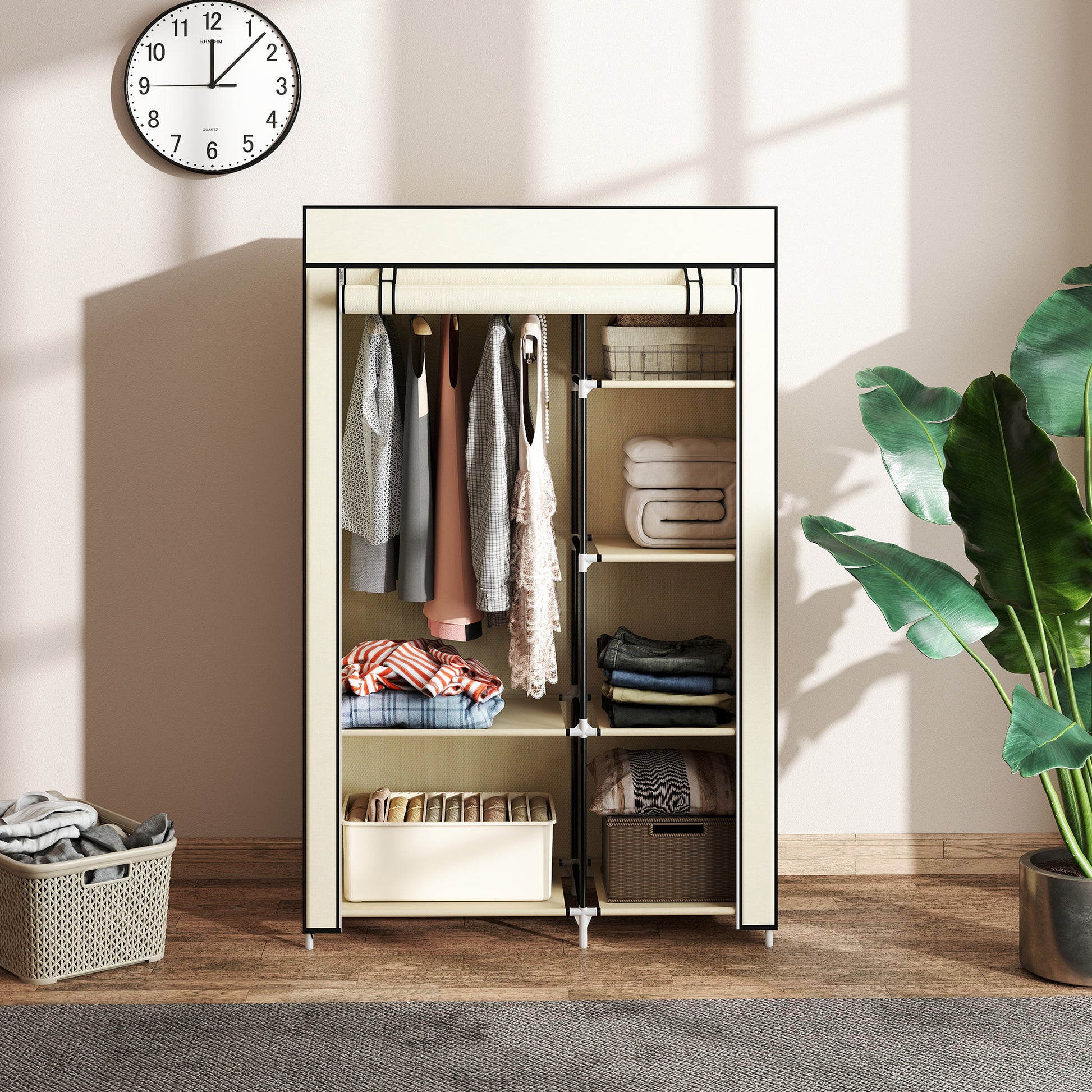 Wardrobe Fabric Wardrobe with 6 Shelves, Clothes Rail, Zipper Folding Cabinet for Dressing Room Bedroom, 103 x 43 x 162.5 cm, Cream