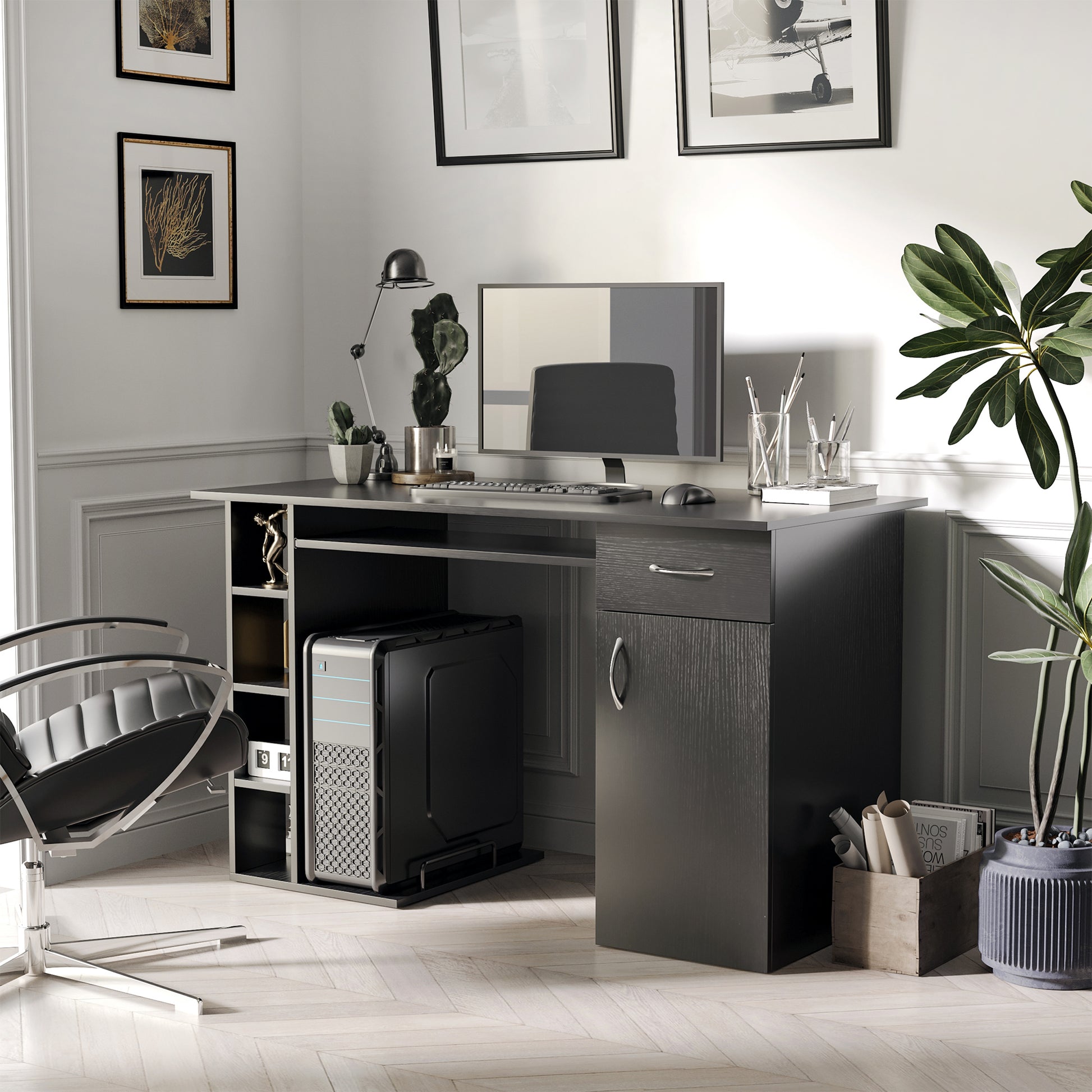 Computer Desk Multimedia Computer Table with Multiple Storage Spaces Shelf Drawer Keyboard Tray MDF 120 x 60 x 74 cm Black