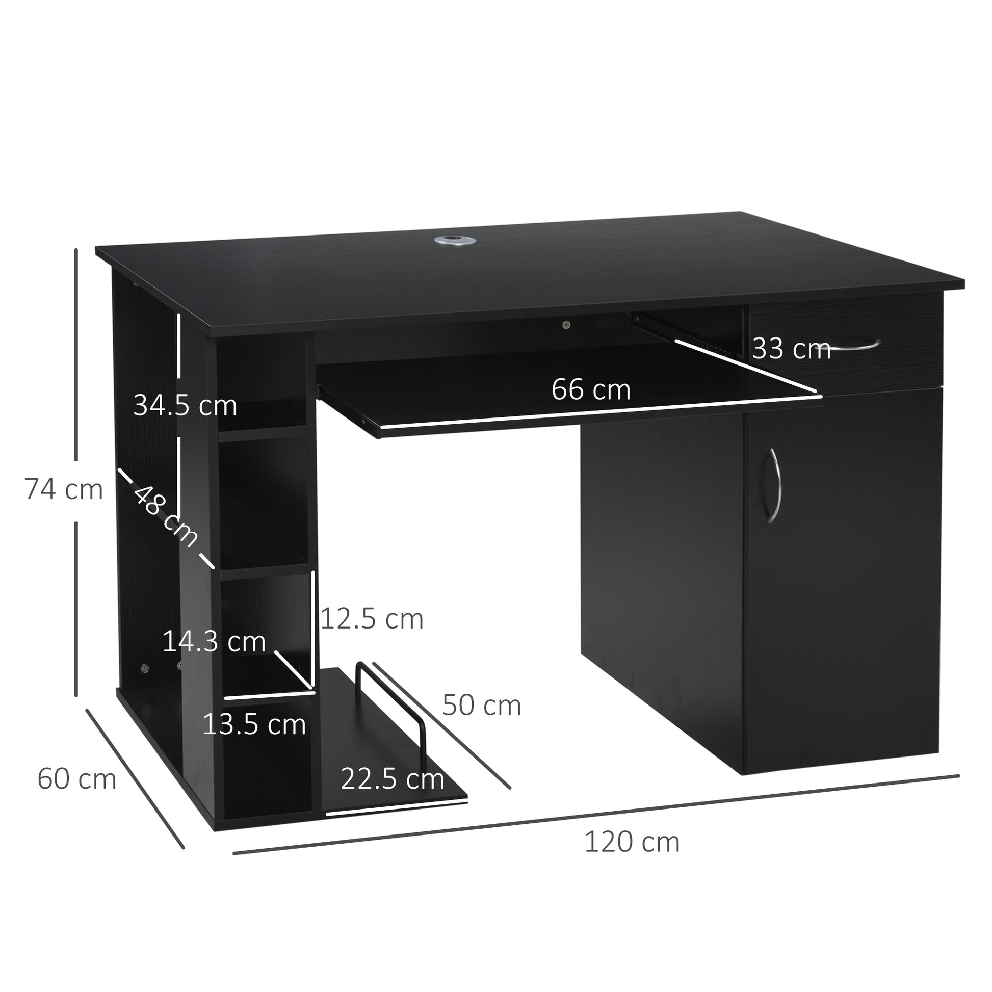 Computer Desk Multimedia Computer Table with Multiple Storage Spaces Shelf Drawer Keyboard Tray MDF 120 x 60 x 74 cm Black