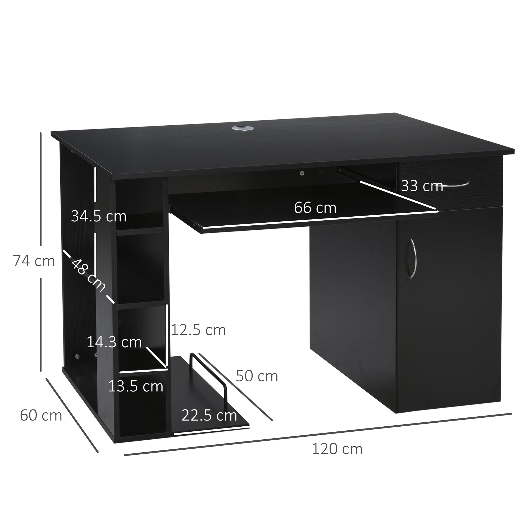 Computer Desk Multimedia Computer Table with Multiple Storage Spaces Shelf Drawer Keyboard Tray MDF 120 x 60 x 74 cm Black