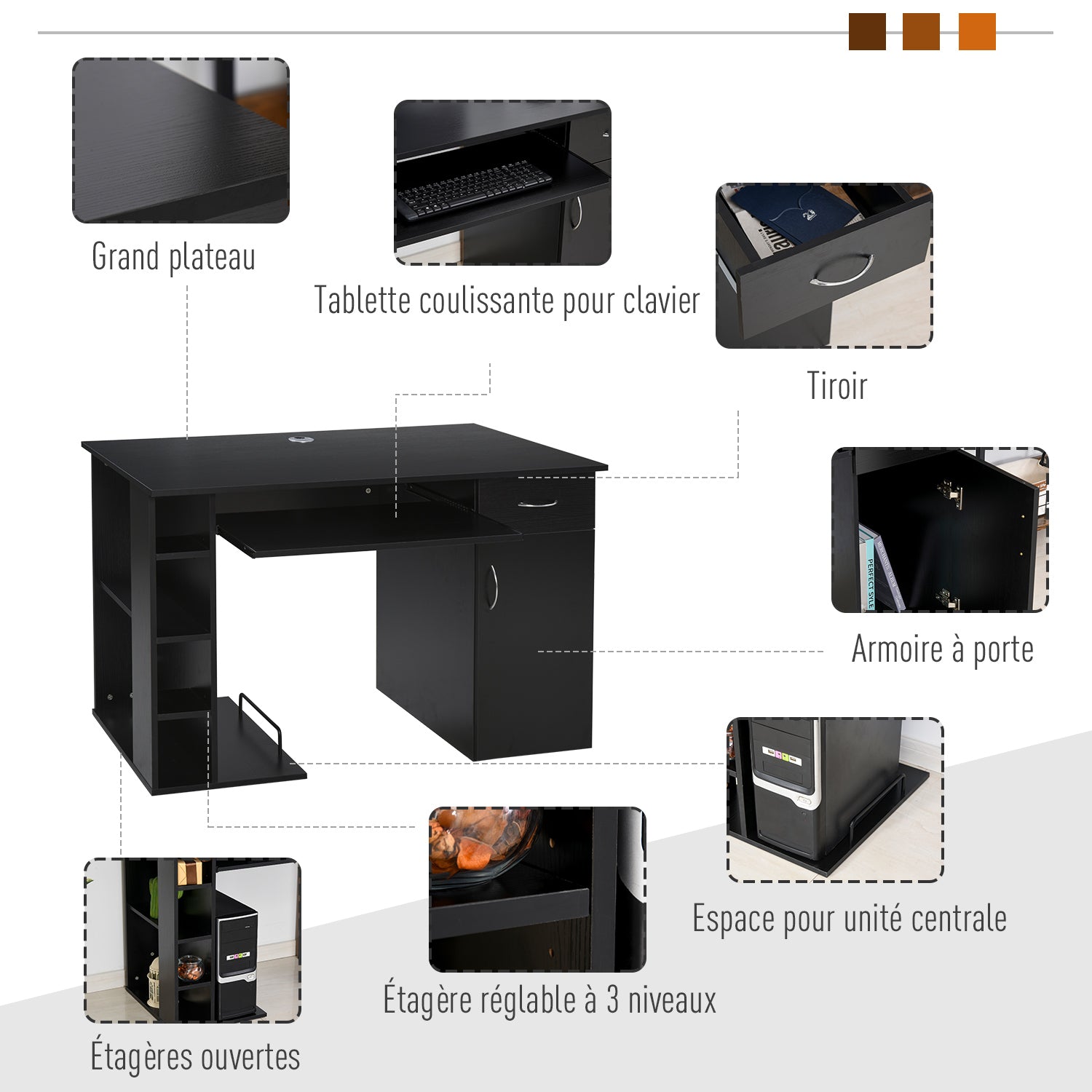 Computer Desk Multimedia Computer Table with Multiple Storage Spaces Shelf Drawer Keyboard Tray MDF 120 x 60 x 74 cm Black