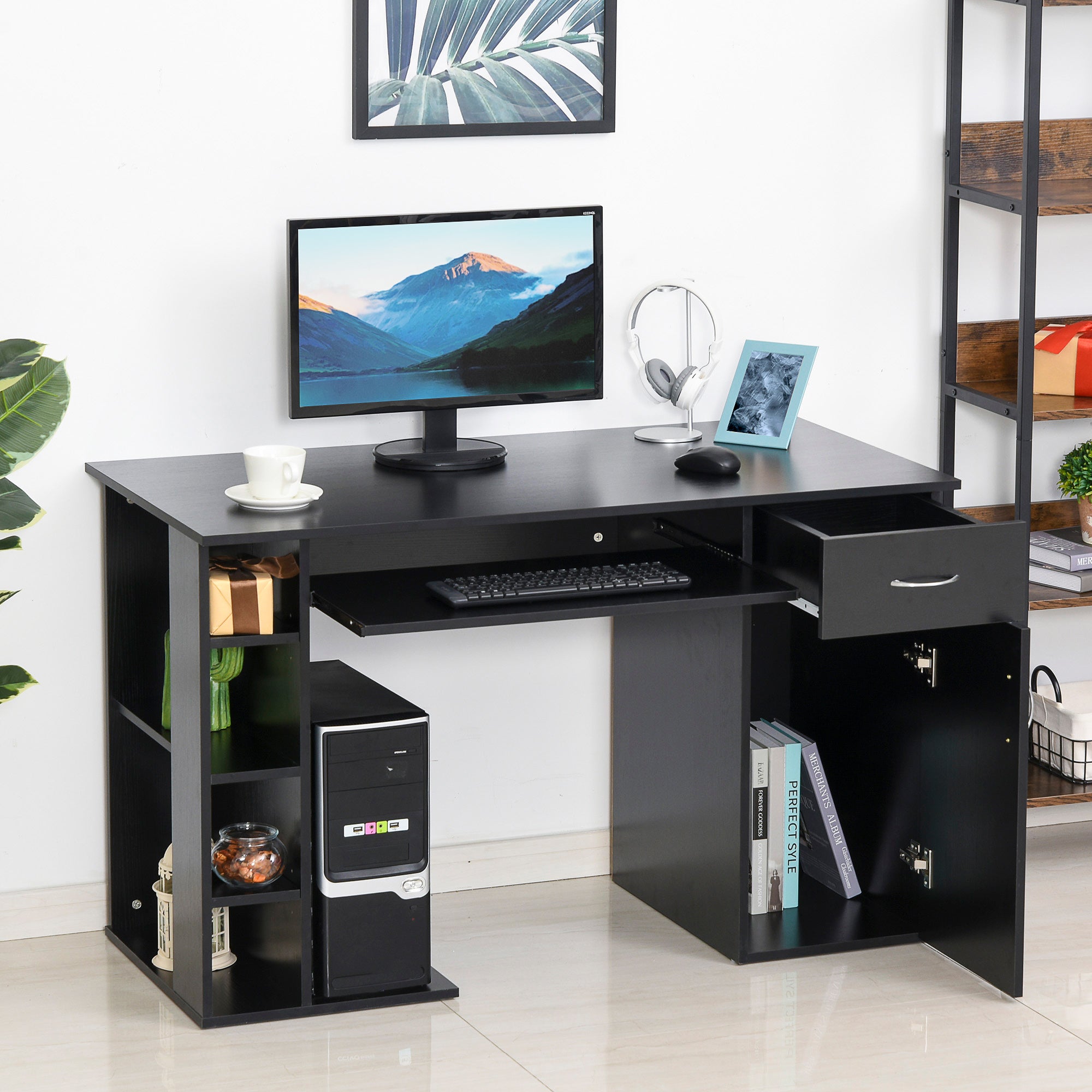 Computer Desk Multimedia Computer Table with Multiple Storage Spaces Shelf Drawer Keyboard Tray MDF 120 x 60 x 74 cm Black