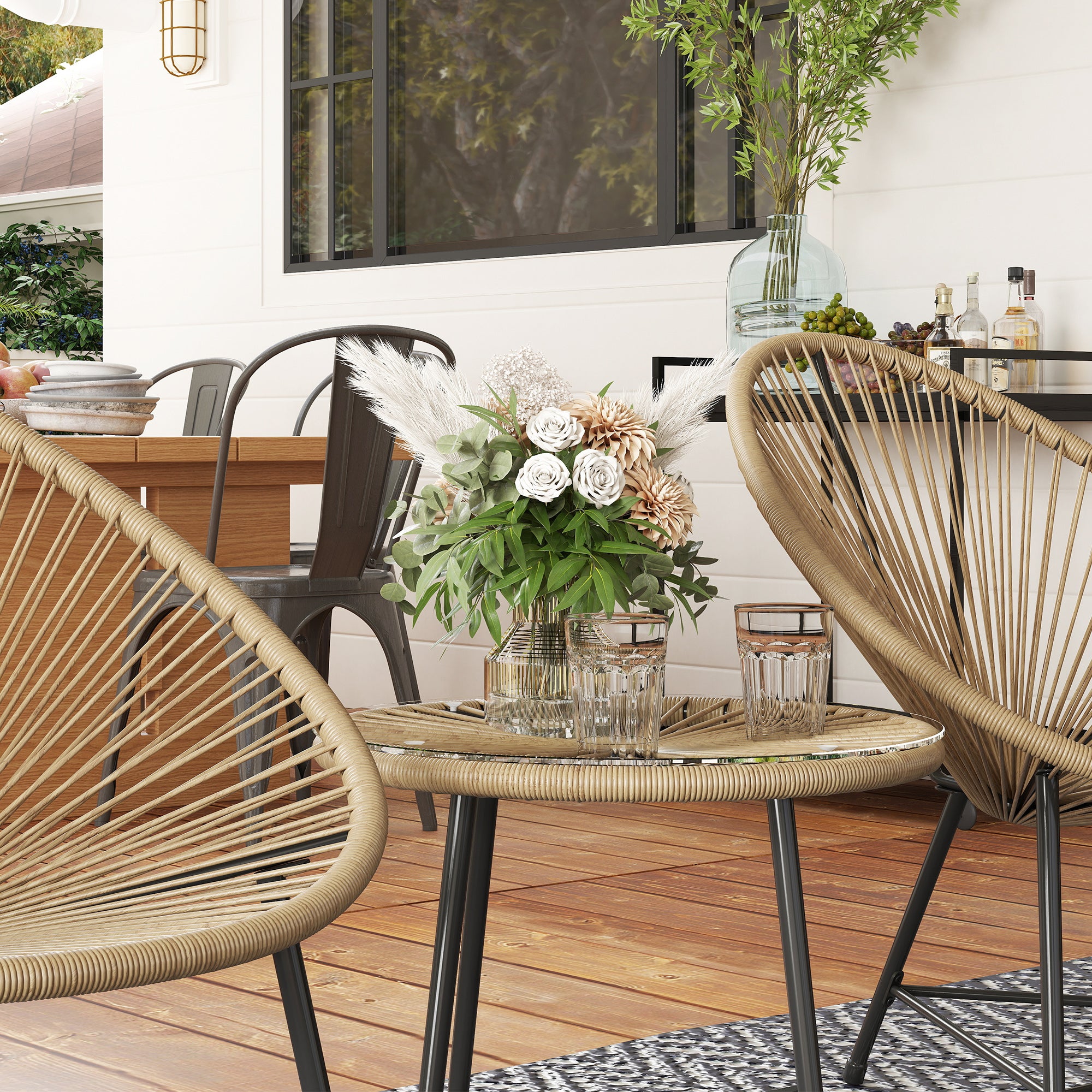 Poly Rattan Garden Furniture Set, Outdoor Lounge Balcony Furniture for 2 Persons, 3-piece Seating Group with 2 Chairs, Table, Weatherproof Garden Lounge for Garden, Terrace Balcony, Natural Wood