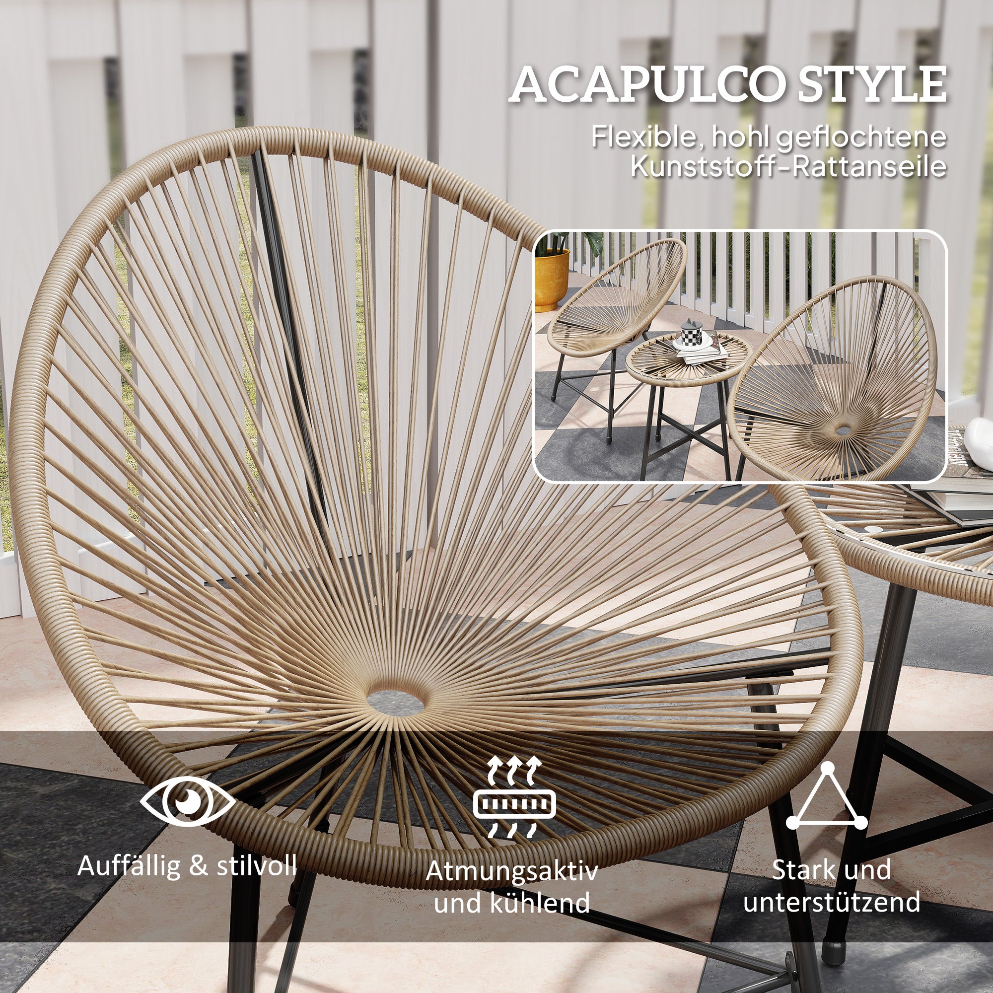 Poly Rattan Garden Furniture Set, Outdoor Lounge Balcony Furniture for 2 Persons, 3-piece Seating Group with 2 Chairs, Table, Weatherproof Garden Lounge for Garden, Terrace Balcony, Natural Wood