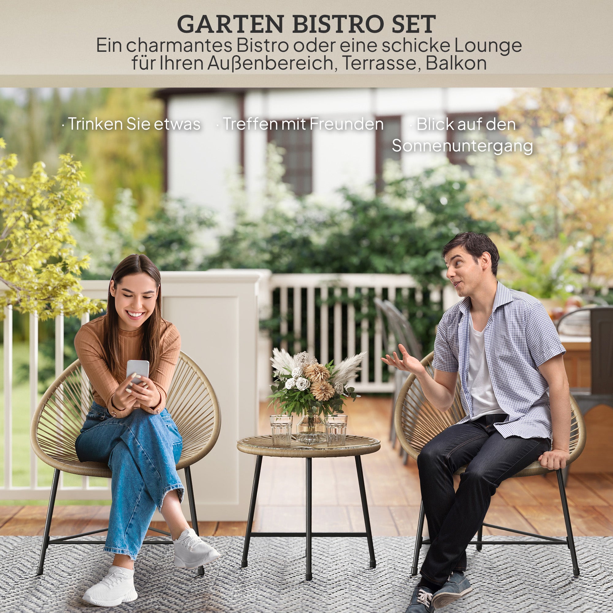 Poly Rattan Garden Furniture Set, Outdoor Lounge Balcony Furniture for 2 Persons, 3-piece Seating Group with 2 Chairs, Table, Weatherproof Garden Lounge for Garden, Terrace Balcony, Natural Wood