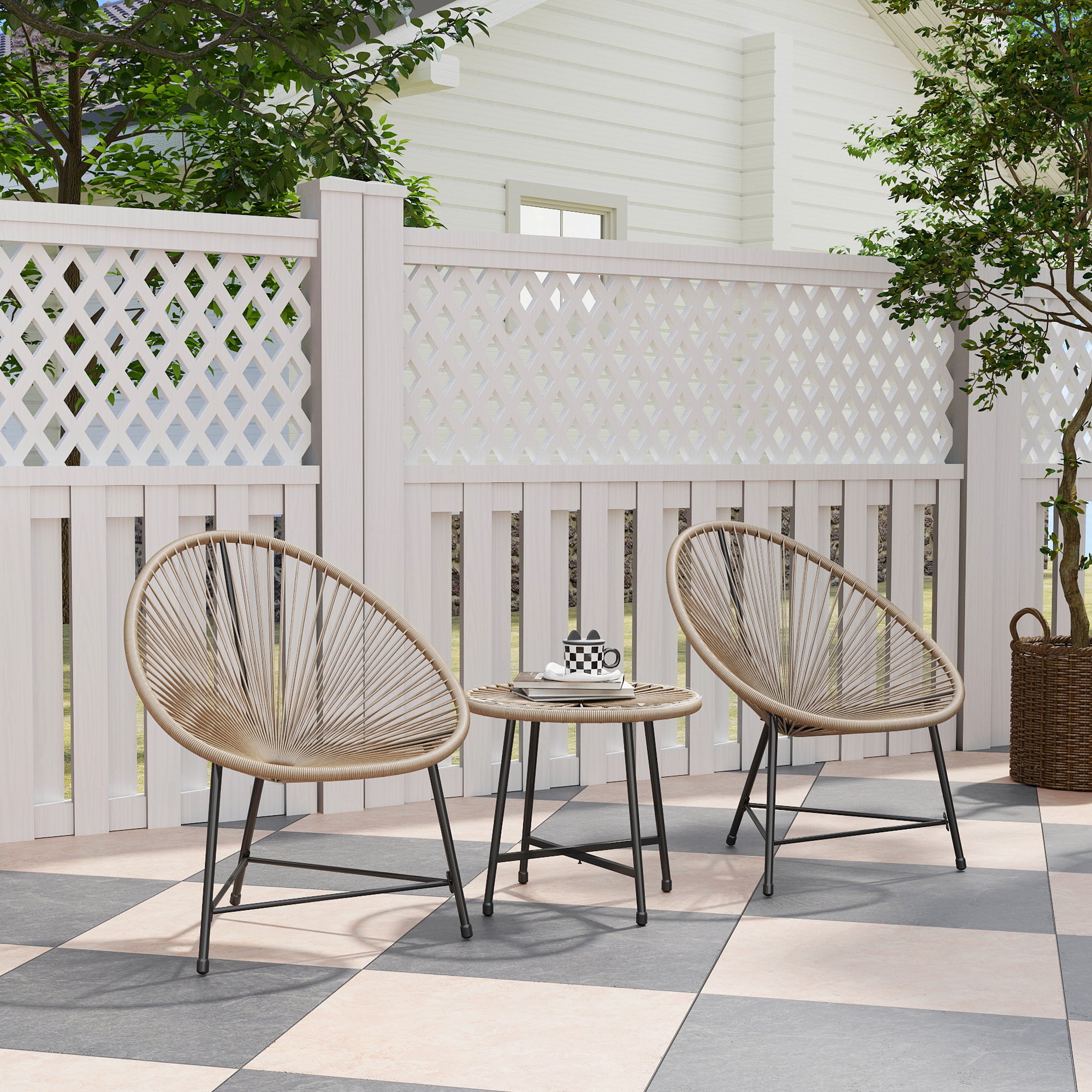 Poly Rattan Garden Furniture Set, Outdoor Lounge Balcony Furniture for 2 Persons, 3-piece Seating Group with 2 Chairs, Table, Weatherproof Garden Lounge for Garden, Terrace Balcony, Natural Wood