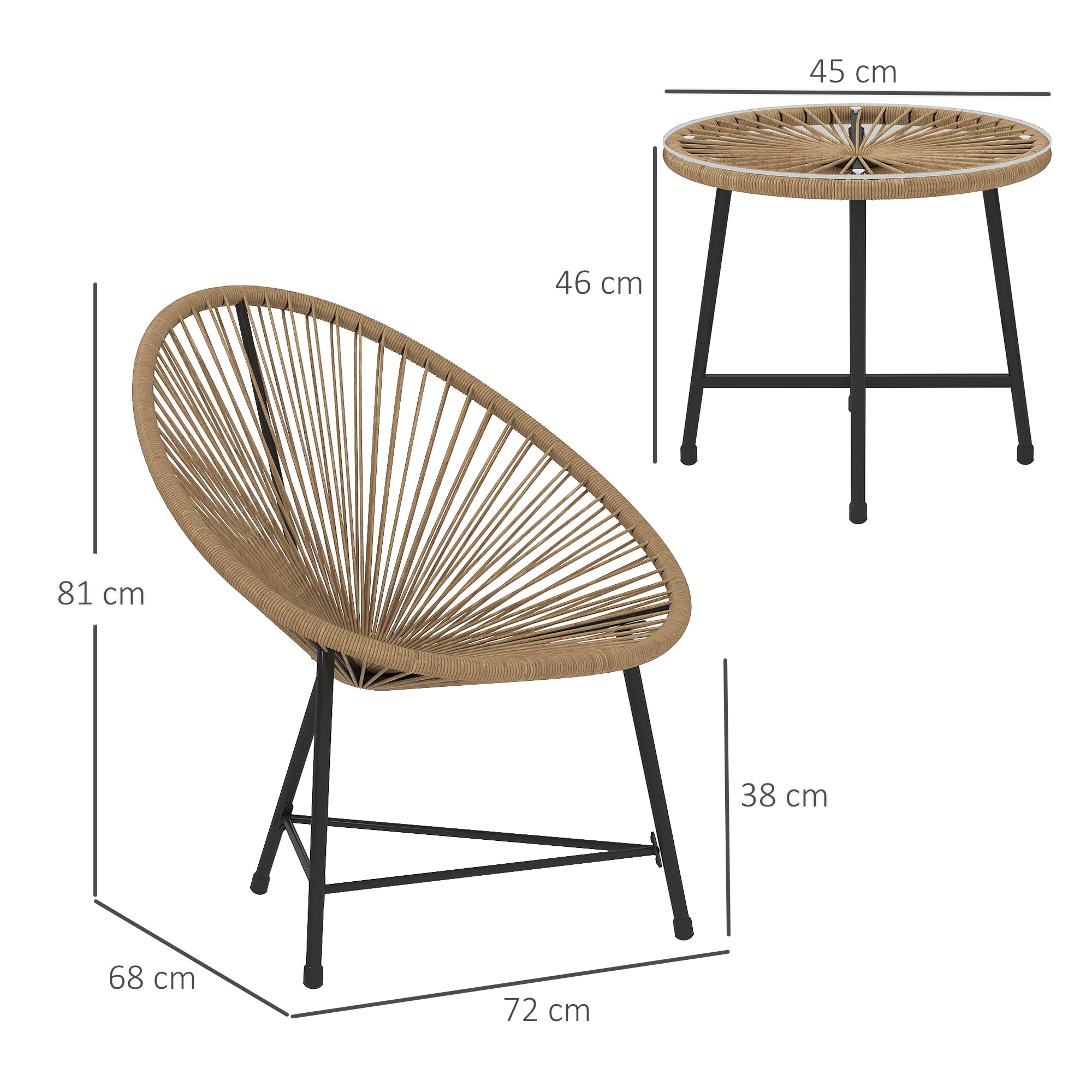Poly Rattan Garden Furniture Set, Outdoor Lounge Balcony Furniture for 2 Persons, 3-piece Seating Group with 2 Chairs, Table, Weatherproof Garden Lounge for Garden, Terrace Balcony, Natural Wood