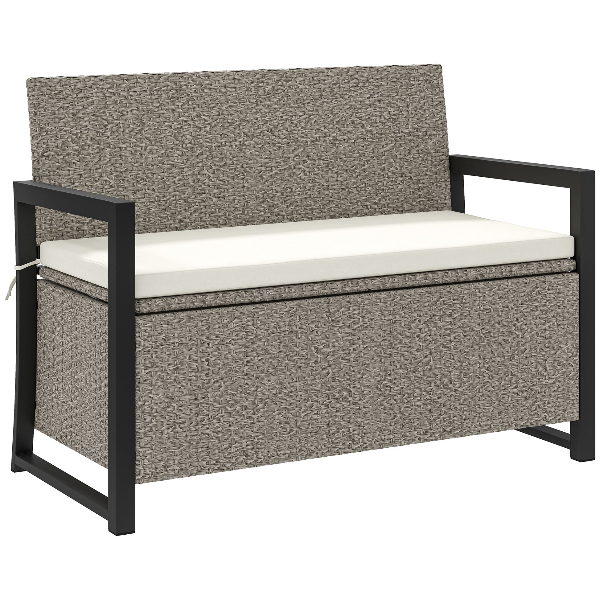 2-Seater Rattan Storage Bench with 151.5L Compartment, Outdoor Storage Bench with Backrest and Armrests, Garden Bench with Washable Cushion, Cream