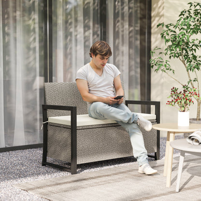 2-Seater Rattan Storage Bench with 151.5L Compartment, Outdoor Storage Bench with Backrest and Armrests, Garden Bench with Washable Cushion, Cream