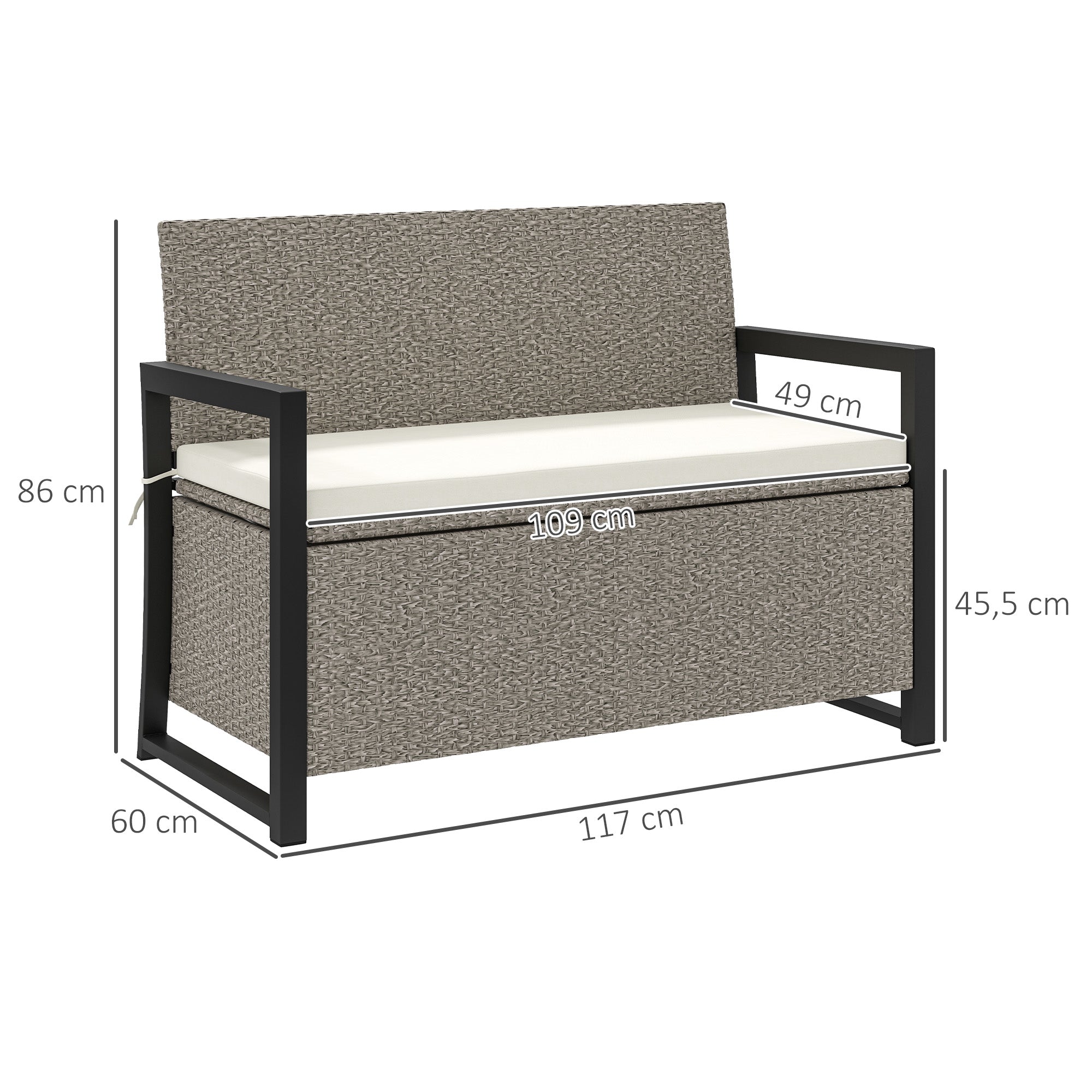 2-Seater Rattan Storage Bench with 151.5L Compartment, Outdoor Storage Bench with Backrest and Armrests, Garden Bench with Washable Cushion, Cream
