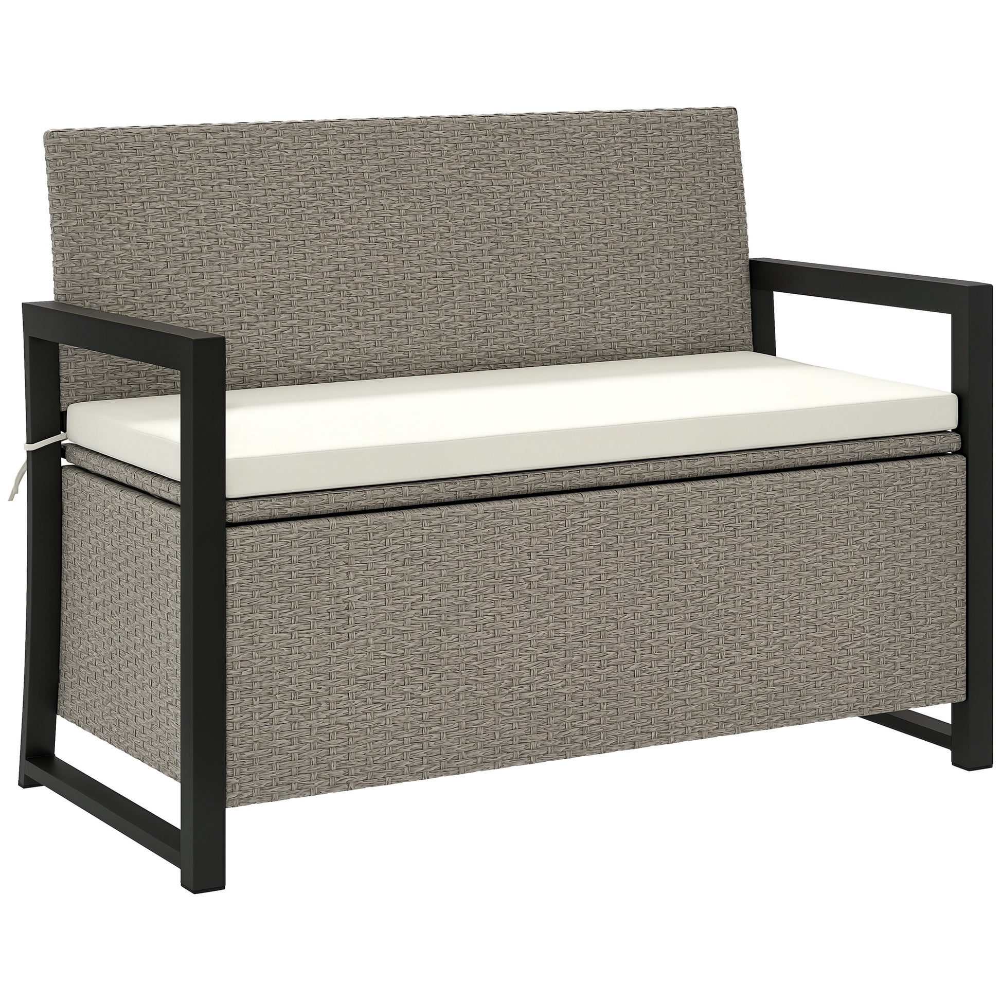 2-Seater Rattan Storage Bench with 151.5L Compartment, Outdoor Storage Bench with Backrest and Armrests, Garden Bench with Washable Cushion, Cream