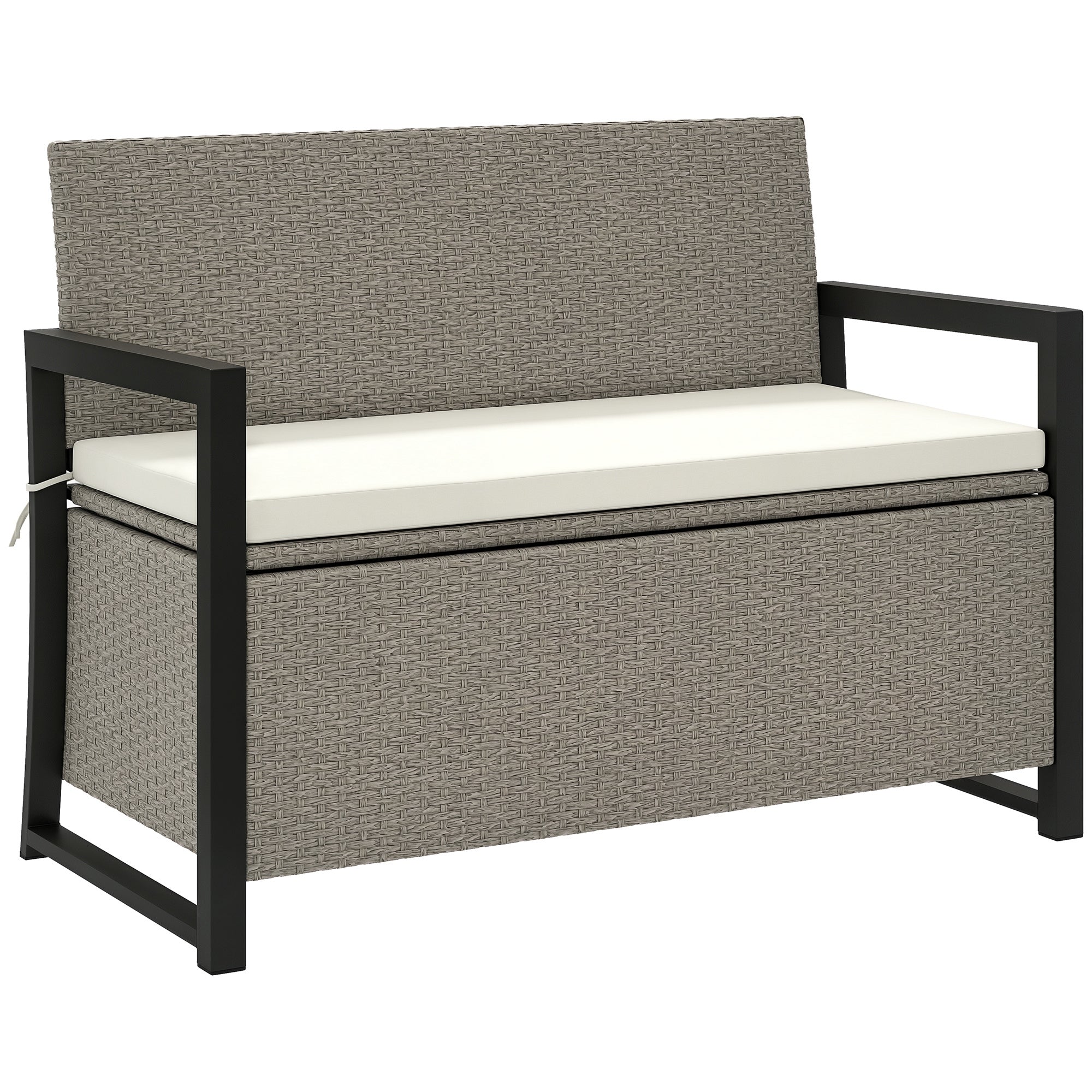 2-Seater Rattan Storage Bench with 151.5L Compartment, Outdoor Storage Bench with Backrest and Armrests, Garden Bench with Washable Cushion, Cream