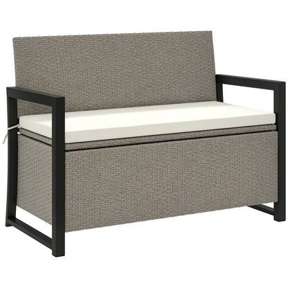 2-Seater Rattan Storage Bench with 151.5L Compartment, Outdoor Storage Bench with Backrest and Armrests, Garden Bench with Washable Cushion, Cream
