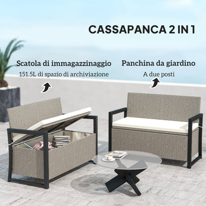 2-Seater Rattan Storage Bench with 151.5L Compartment, Outdoor Storage Bench with Backrest and Armrests, Garden Bench with Washable Cushion, Cream