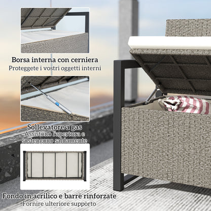 2-Seater Rattan Storage Bench with 151.5L Compartment, Outdoor Storage Bench with Backrest and Armrests, Garden Bench with Washable Cushion, Cream