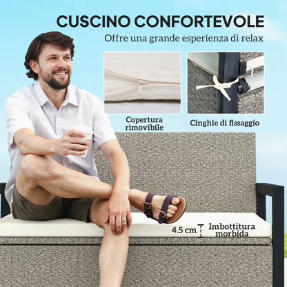 2-Seater Rattan Storage Bench with 151.5L Compartment, Outdoor Storage Bench with Backrest and Armrests, Garden Bench with Washable Cushion, Cream