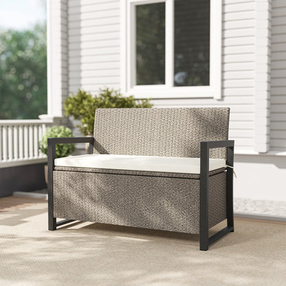 2-Seater Rattan Storage Bench with 151.5L Compartment, Outdoor Storage Bench with Backrest and Armrests, Garden Bench with Washable Cushion, Cream