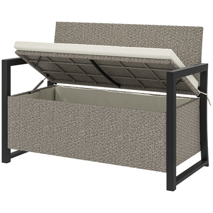 2-Seater Rattan Storage Bench with 151.5L Compartment, Outdoor Storage Bench with Backrest and Armrests, Garden Bench with Washable Cushion, Cream