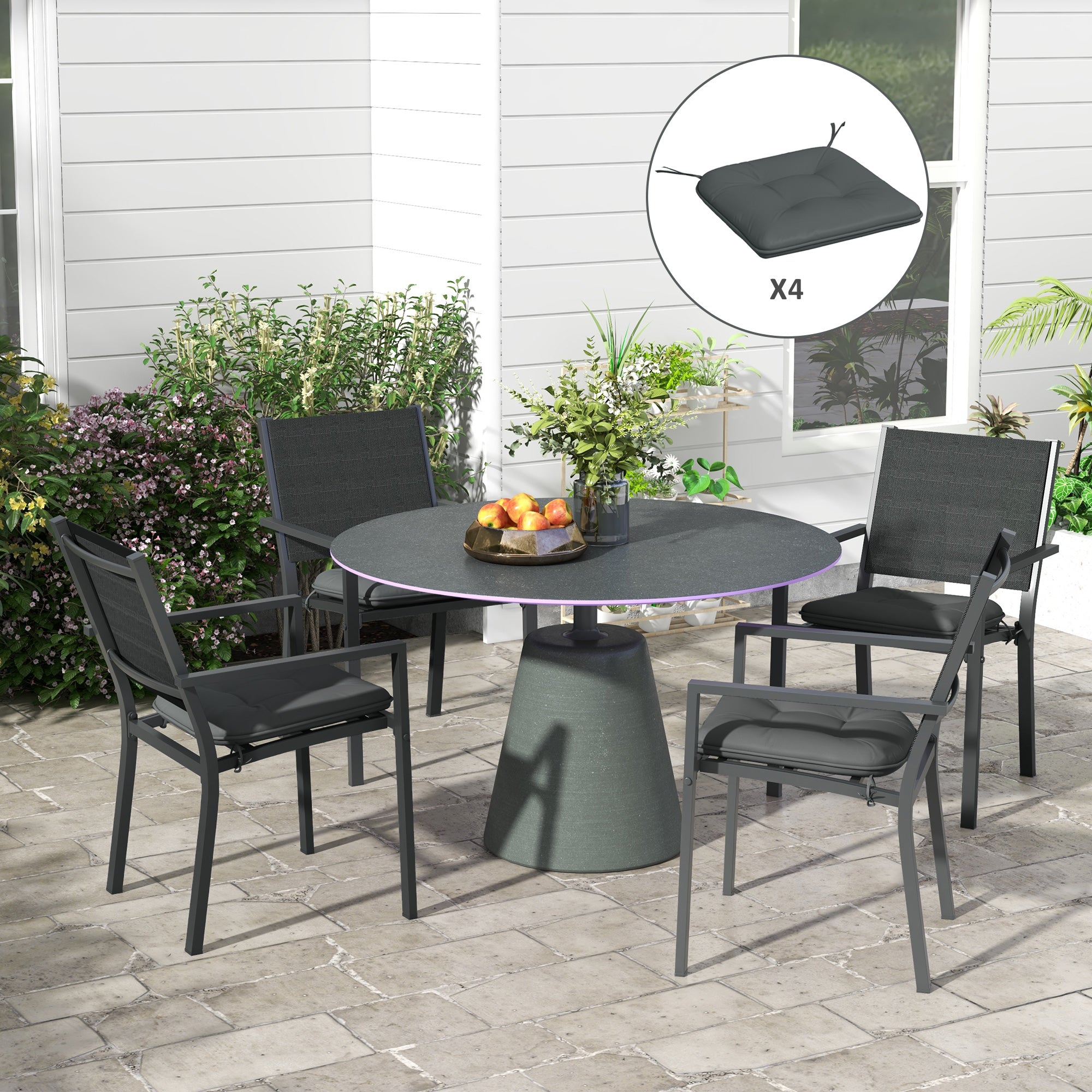 Set of 4 Padded Garden Chair Cushions Outdoor Seat Cushions 4 cm Thick Polyester Fabric 43L x 41W cm Dark Gray