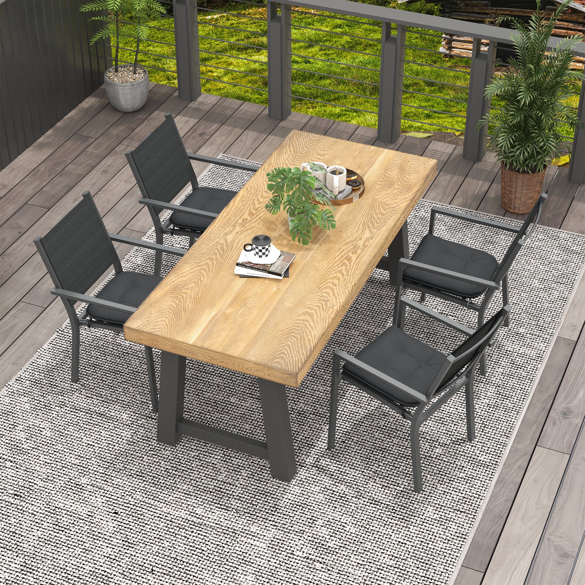 Set of 4 Padded Garden Chair Cushions Outdoor Seat Cushions 4 cm Thick Polyester Fabric 43L x 41W cm Dark Gray