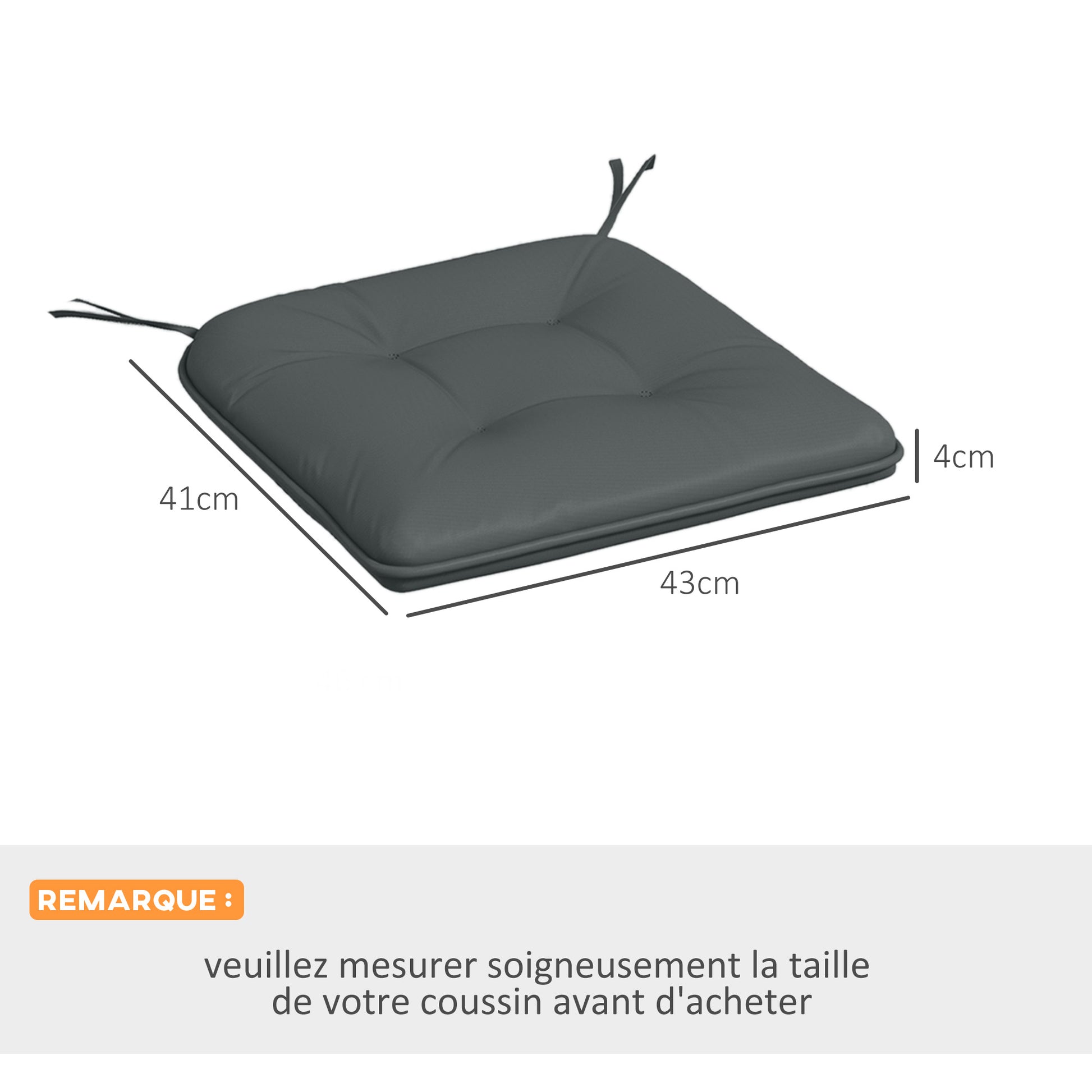 Set of 4 Padded Garden Chair Cushions Outdoor Seat Cushions 4 cm Thick Polyester Fabric 43L x 41W cm Dark Gray