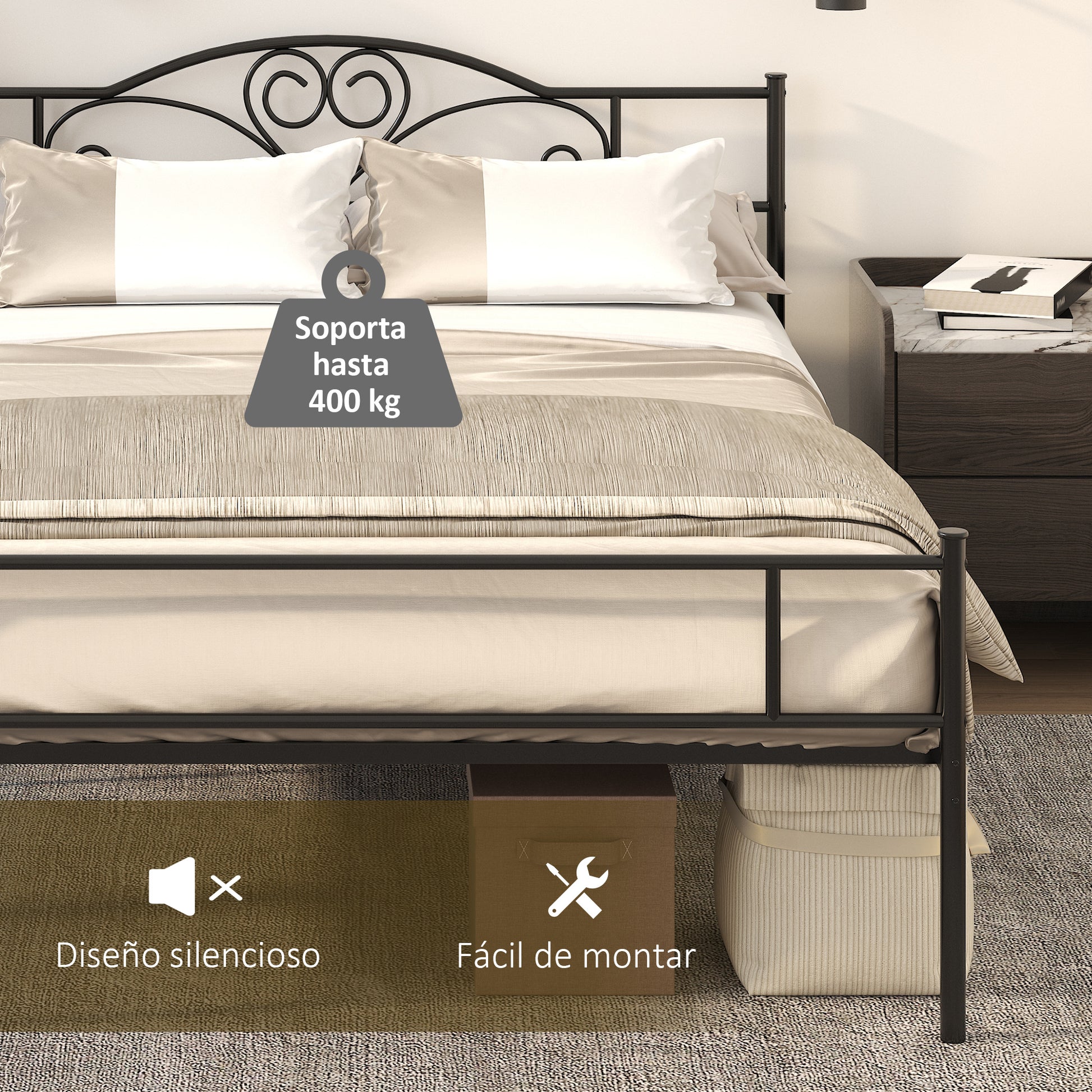 Metal Double Bed Frame for 150x200 cm Mattress with 31 cm Headboard and Legs Bed Structure with Underbed Storage Space 158x211x106 cm Black