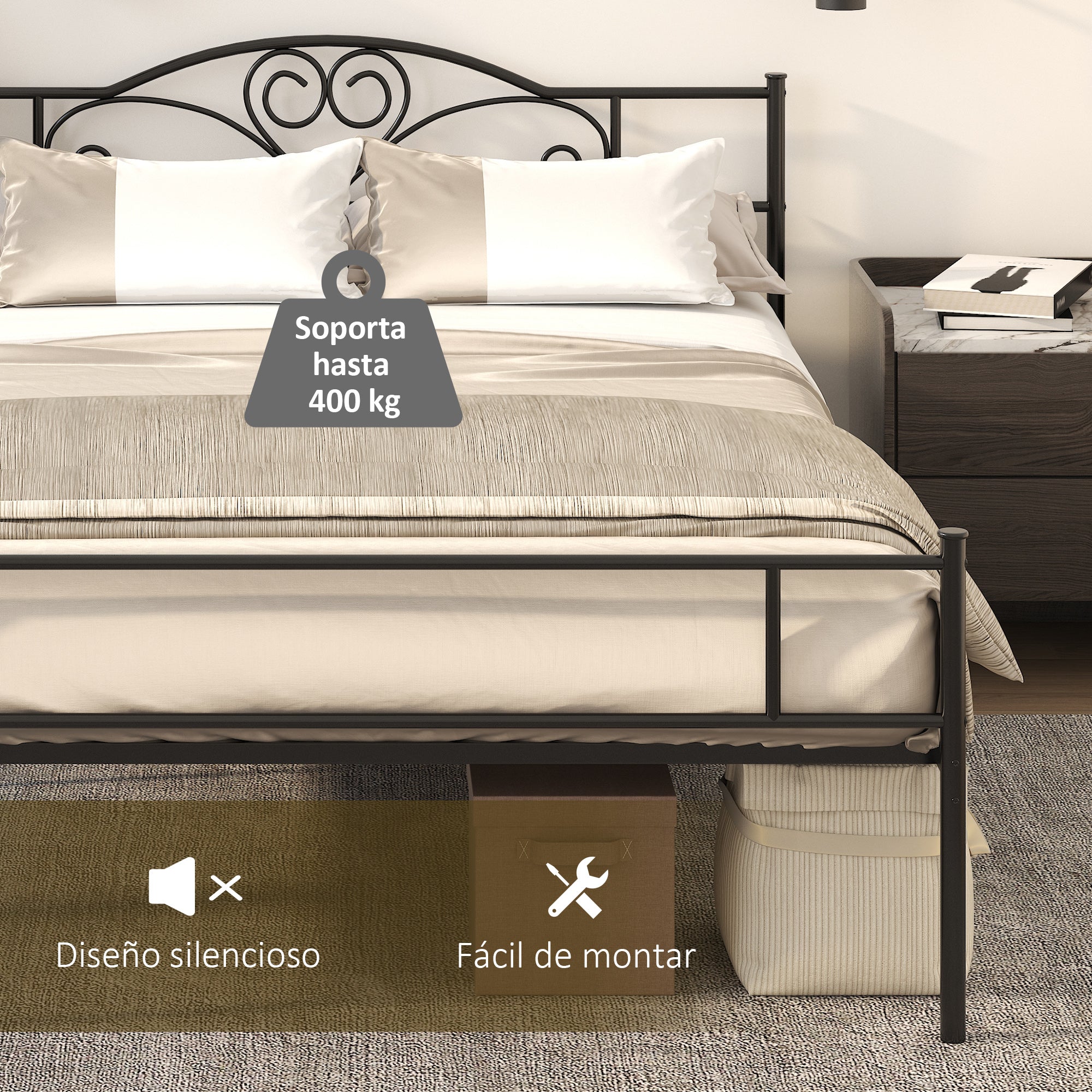 Metal Double Bed Frame for 150x200 cm Mattress with 31 cm Headboard and Legs Bed Structure with Underbed Storage Space 158x211x106 cm Black