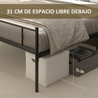 Metal Double Bed Frame for 150x200 cm Mattress with 31 cm Headboard and Legs Bed Structure with Underbed Storage Space 158x211x106 cm Black