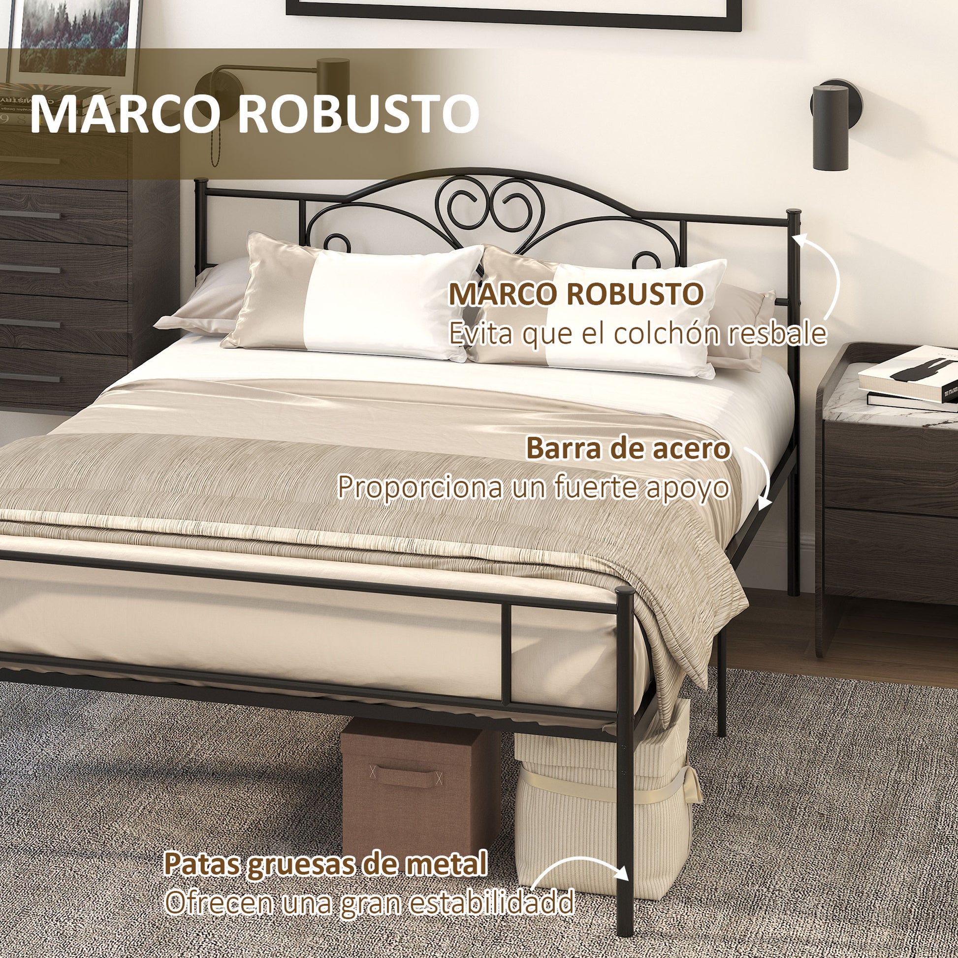 Metal Double Bed Frame for 150x200 cm Mattress with 31 cm Headboard and Legs Bed Structure with Underbed Storage Space 158x211x106 cm Black