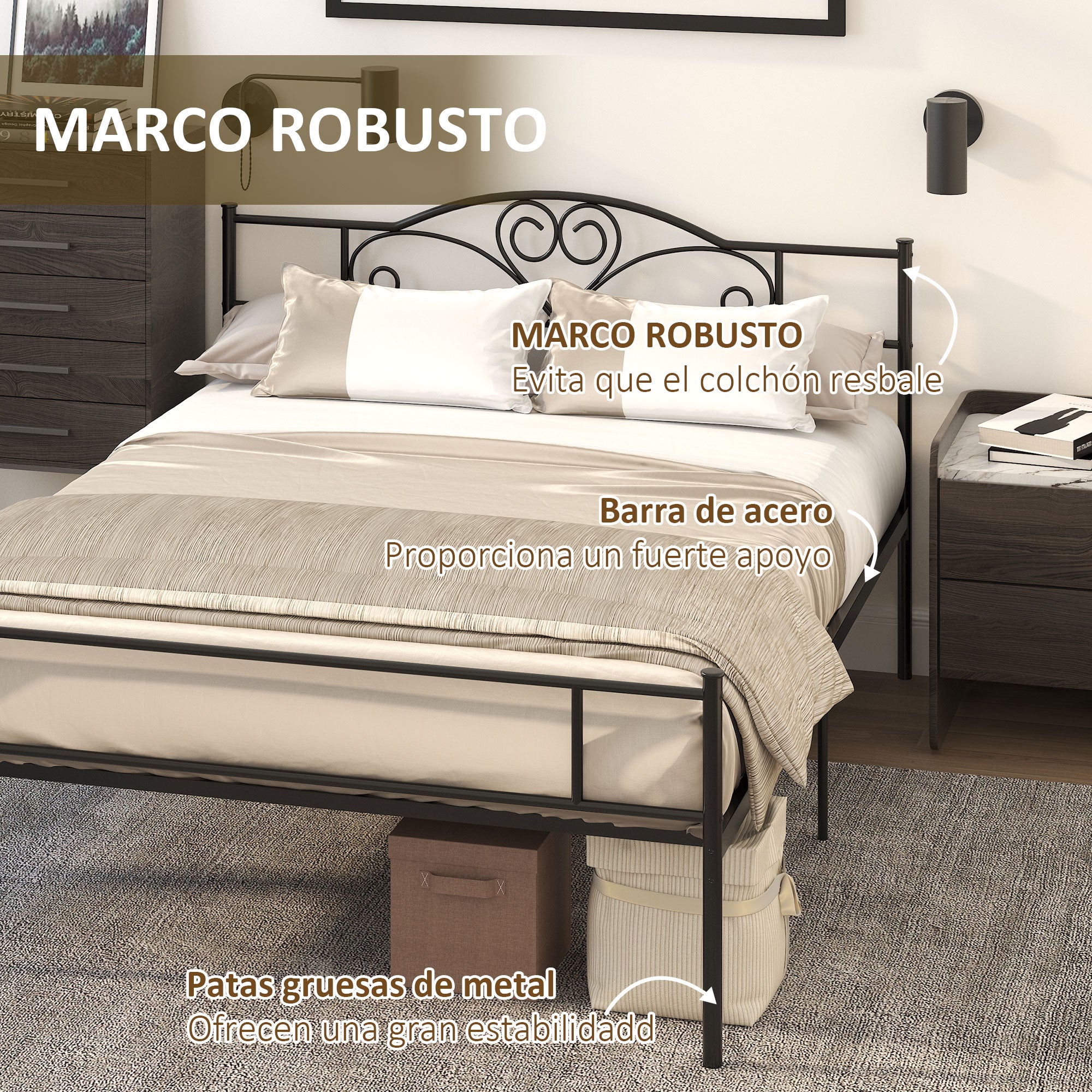 Metal Double Bed Frame for 150x200 cm Mattress with 31 cm Headboard and Legs Bed Structure with Underbed Storage Space 158x211x106 cm Black