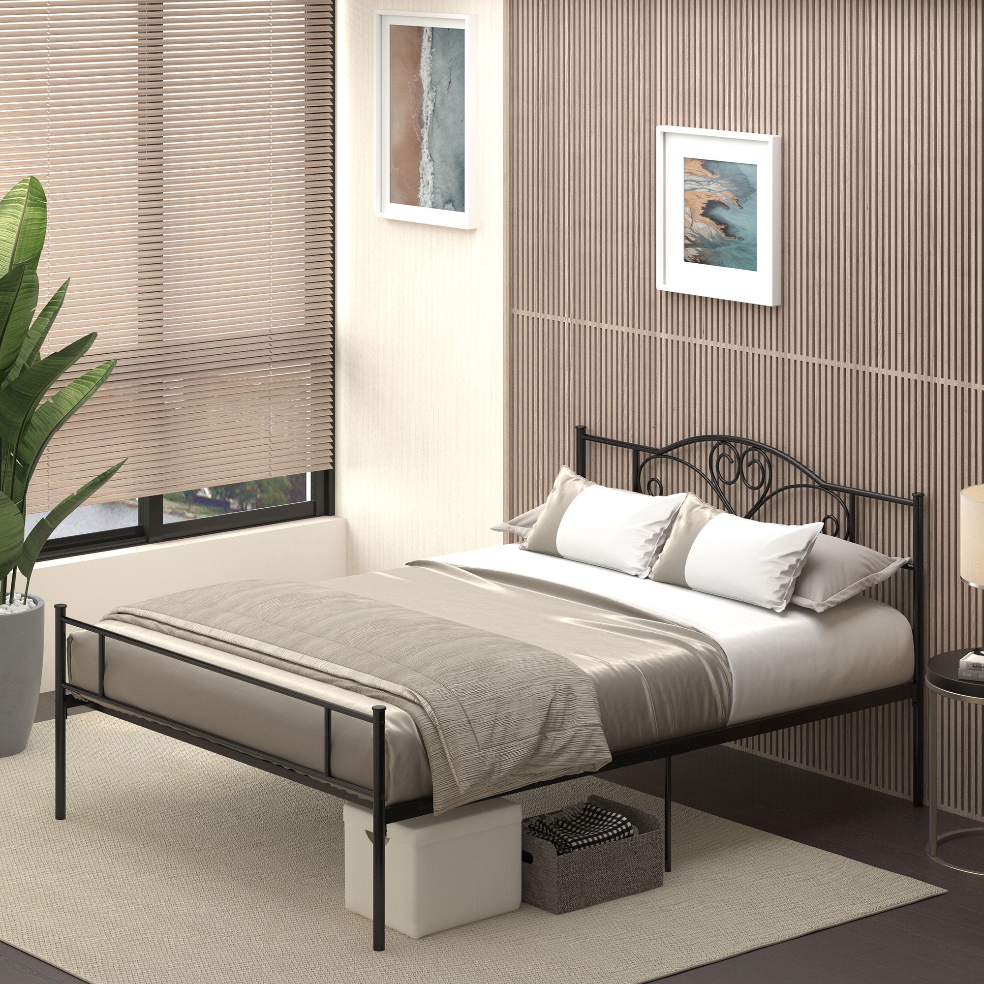 Metal Double Bed Frame for 150x200 cm Mattress with 31 cm Headboard and Legs Bed Structure with Underbed Storage Space 158x211x106 cm Black