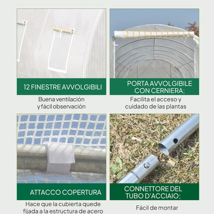 Outdoor Tunnel Greenhouse 8x3x2 m Garden Greenhouse with 12 Windows and Roll-Up Door for Growing Plants Tomatoes Vegetables Steel and PE 140 g/m² White