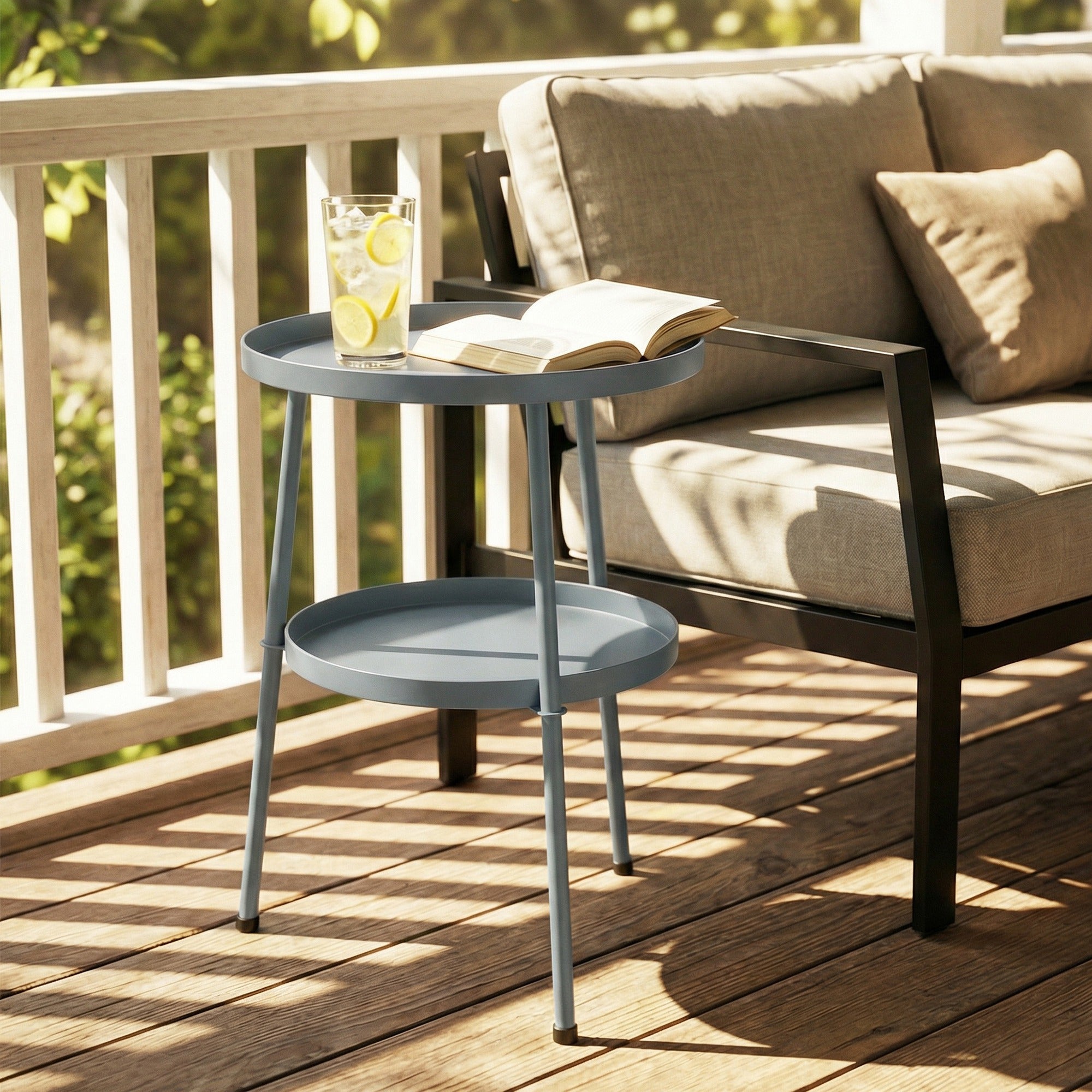 14.2" Round Outdoor Side Table — Metal Tripod Patio/Balcony Accent Table, Dark Gray